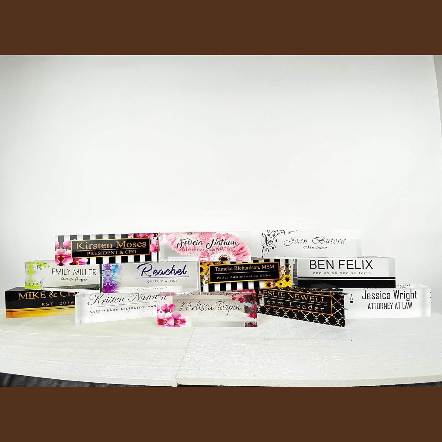 Artblox Office Desk Name Plate Personalized | Custom Name Plates for Desks | Pink Daises Design On Clear Acrylic Glass | Office Desk Decor - (8" x 2.5")