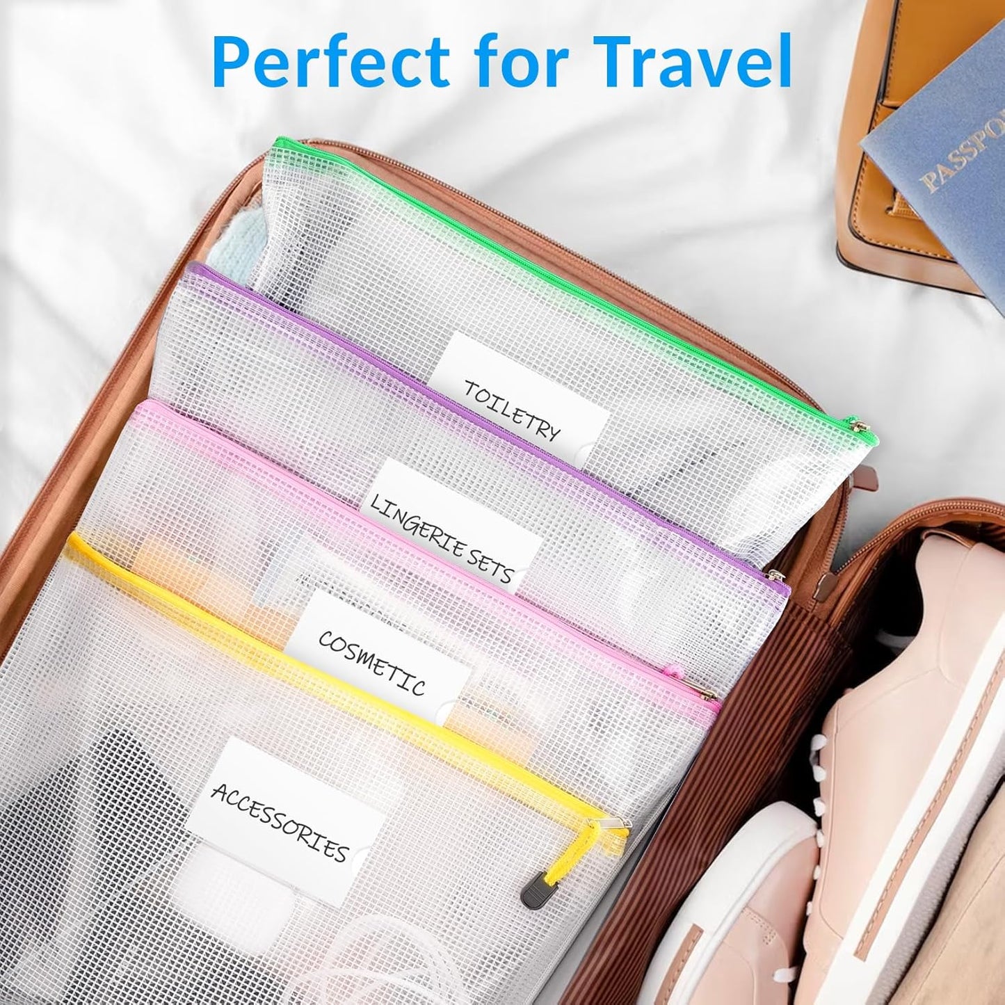 Sooez 14 Pack Mesh Zipper Pouch Bags, A4 Letter Size, Zipper Bags with Label Pocket, Waterproof Pouches for Classroom Organization, Board Game Storage, Document Bag for Teacher School Office Supplies