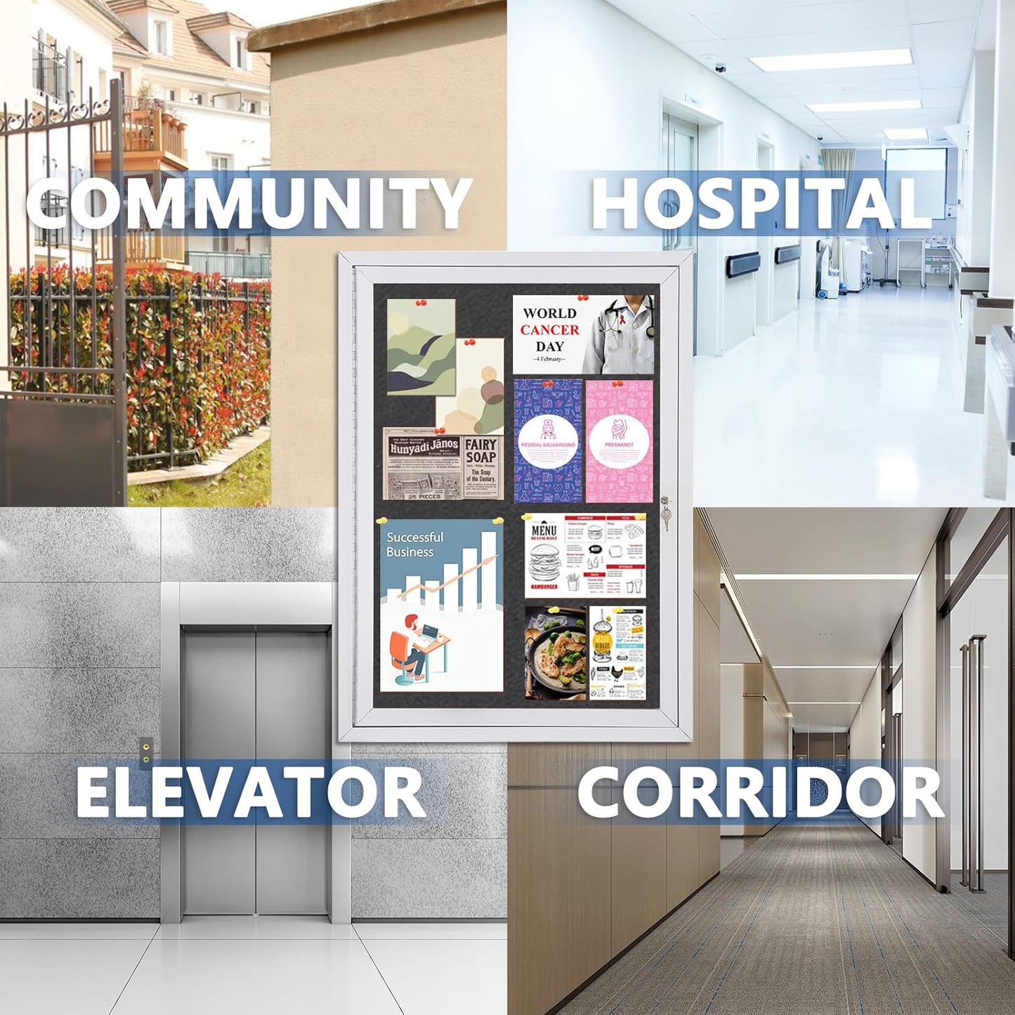 SWANCROWN Outdoor Bulletin Board Weatherproof 36x24in, Enclosed Bulletin Board with Locking Door Wall Display Case for Office School Commerce Show, Black Felt, Sliver Aluminum Frame