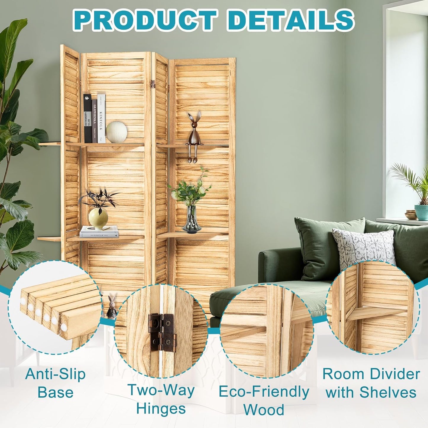 4 Panel Room Divider with Shelves, 5.6FT Folding Room Divider Screen, Free Assembled Freestanding Partition for Home Office Bedroom, Wood