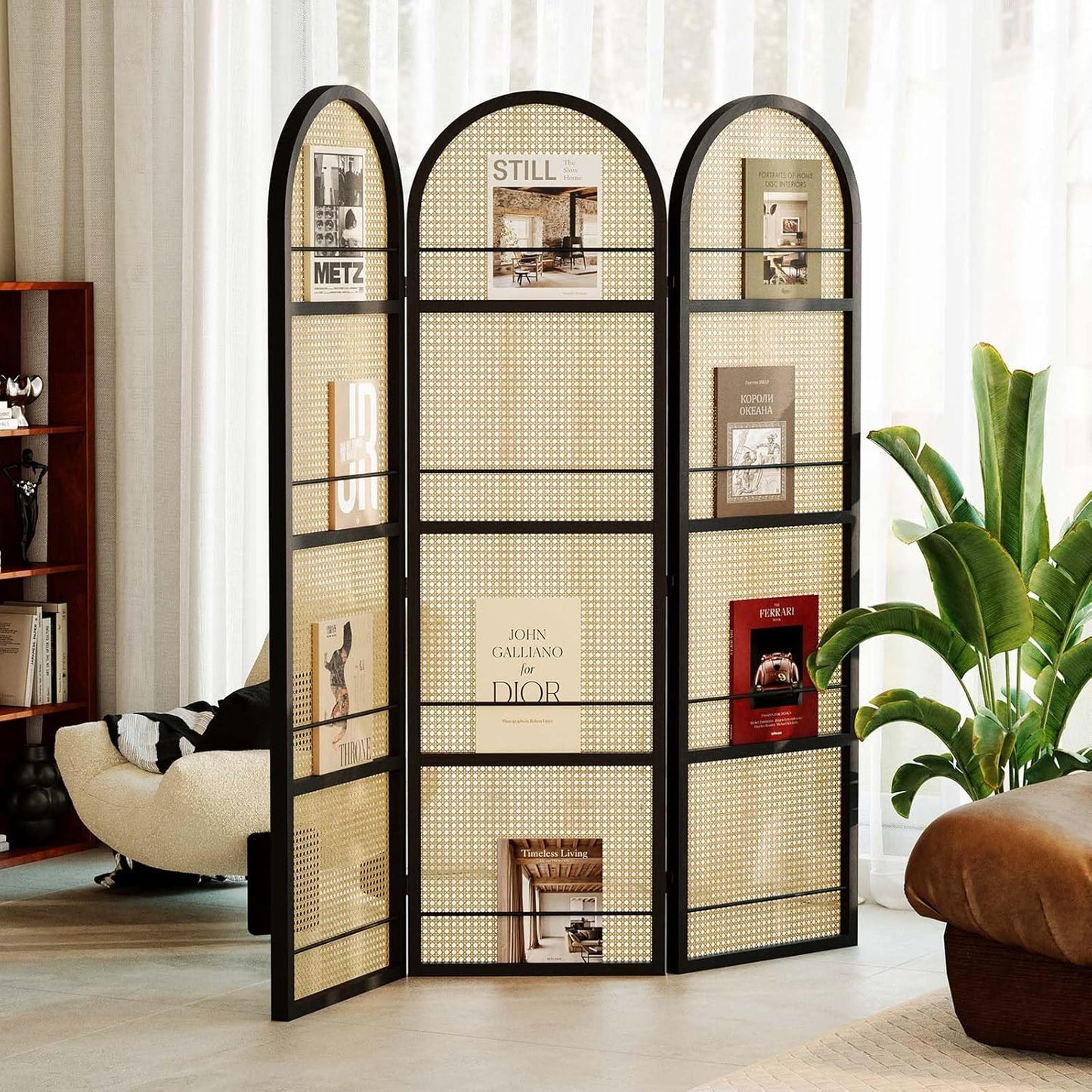 Rattan Room Divider with Built-in Bookshelf | Foldable Privacy Screen & Portable Partition for Home Office, Bedroom, Reading Nook | Wooden Frame, Freestanding Design (Black-Rattan)
