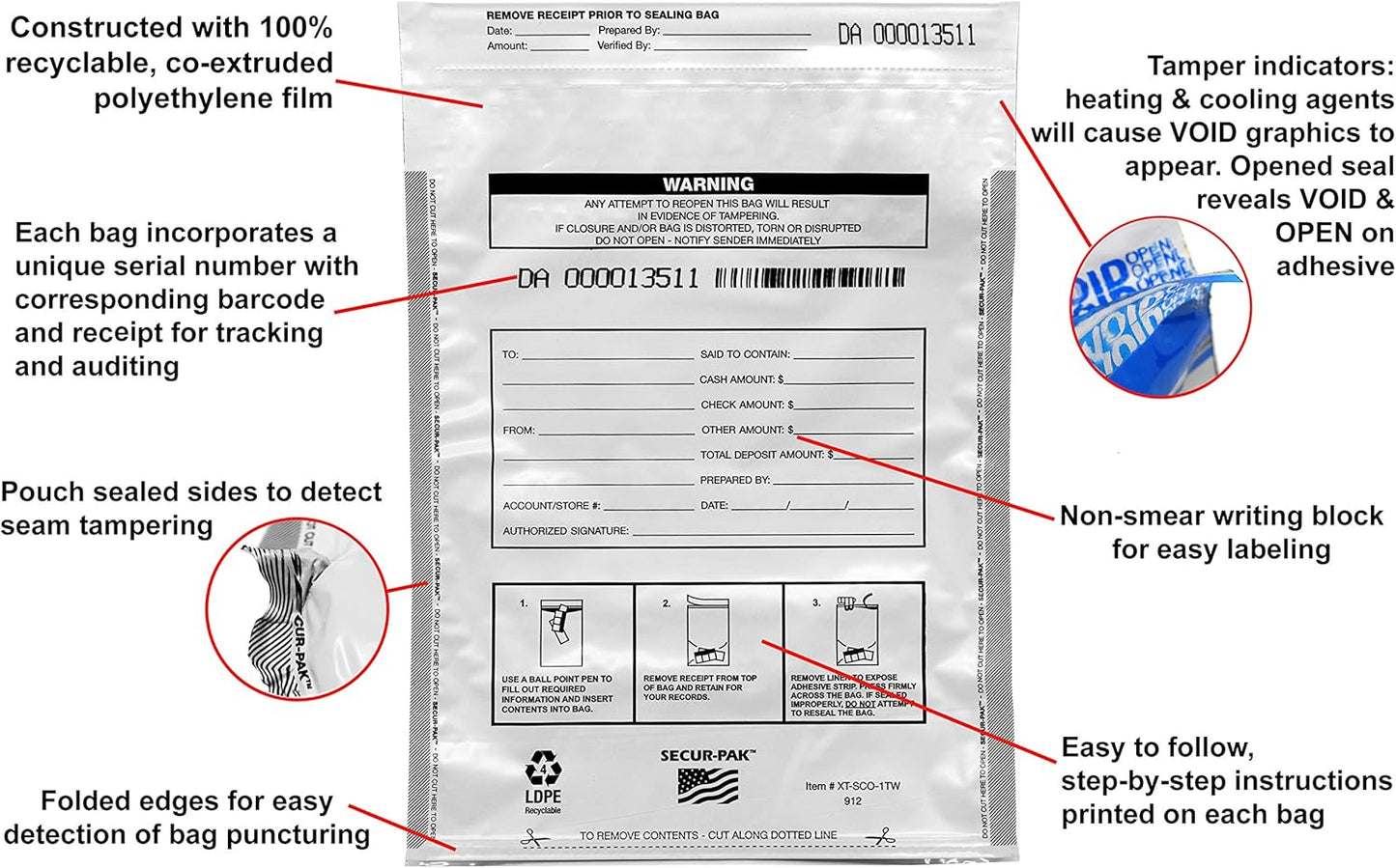 Deposit Bags with Pocket - Pack of 100 - Premium, Level 4 Security Tamper Evident, White Security Bags - Self Sealing, Opaque 2.5 Mil Plastic - 9" x 12" - hBARSCI