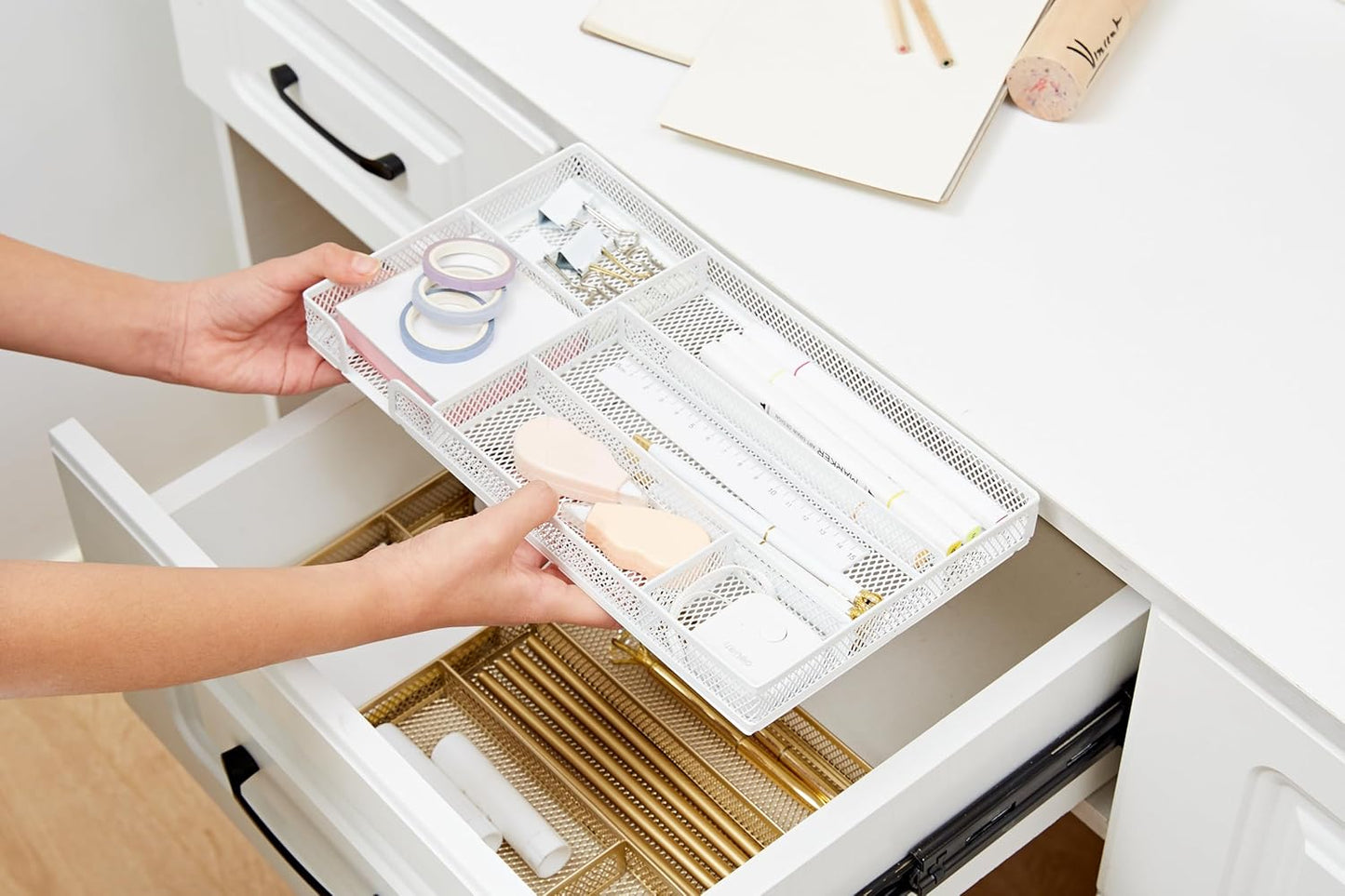 Annova Desk Drawer Organizer Tray for Office Organization - Metal Mesh - Storage Tray with Dividers for Pens, Desktop Accessories, Bathroom, Kitchen, Makeup and Office Supplies (Small, White)