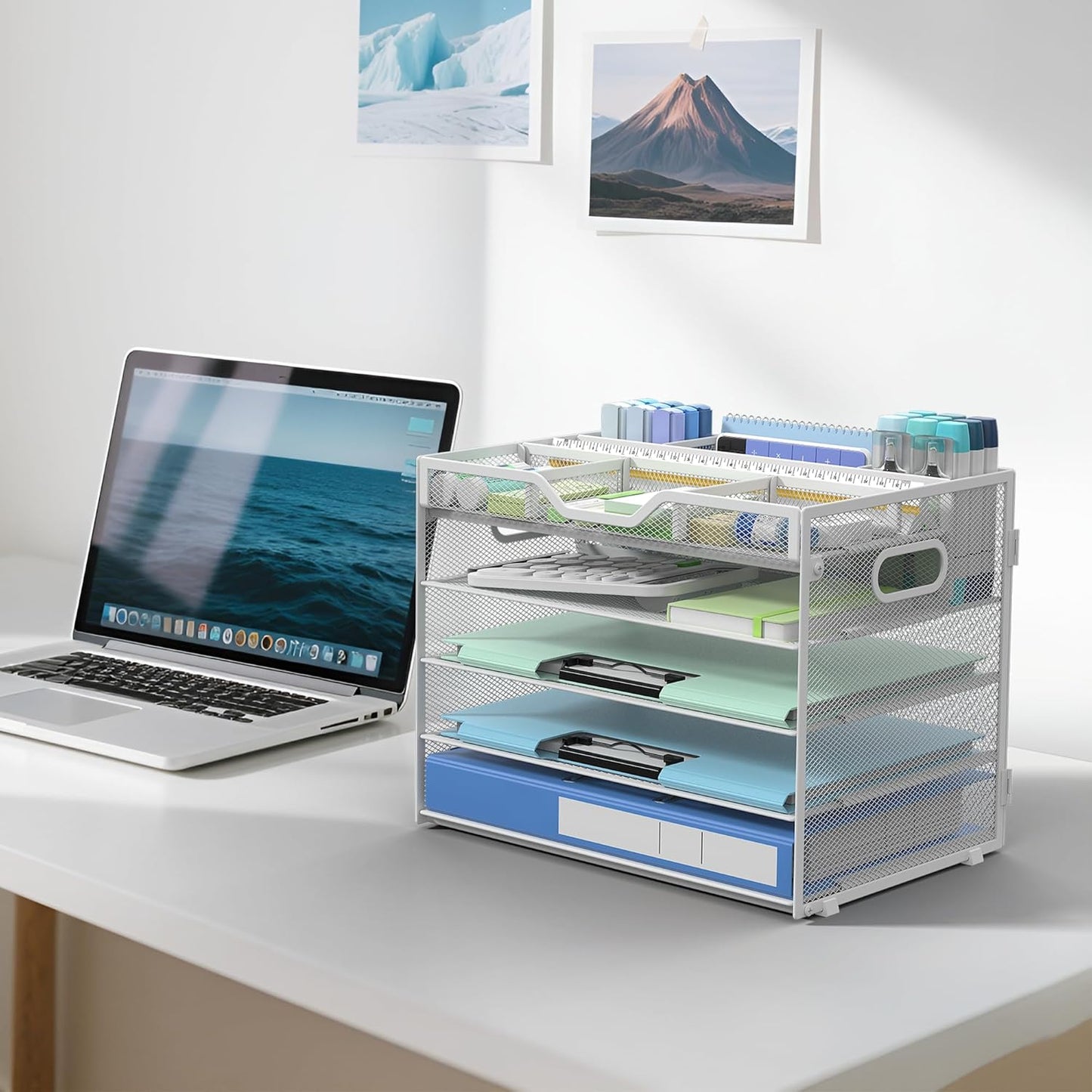 Docnest 5 Tier Mesh Desk Organizer- Letter Tray with Adjustable Compartments, Mesh Desktop Storage Built in Pen Holder and Handles, Desk Organizer Tray for Mail Documents Office Supplies–White