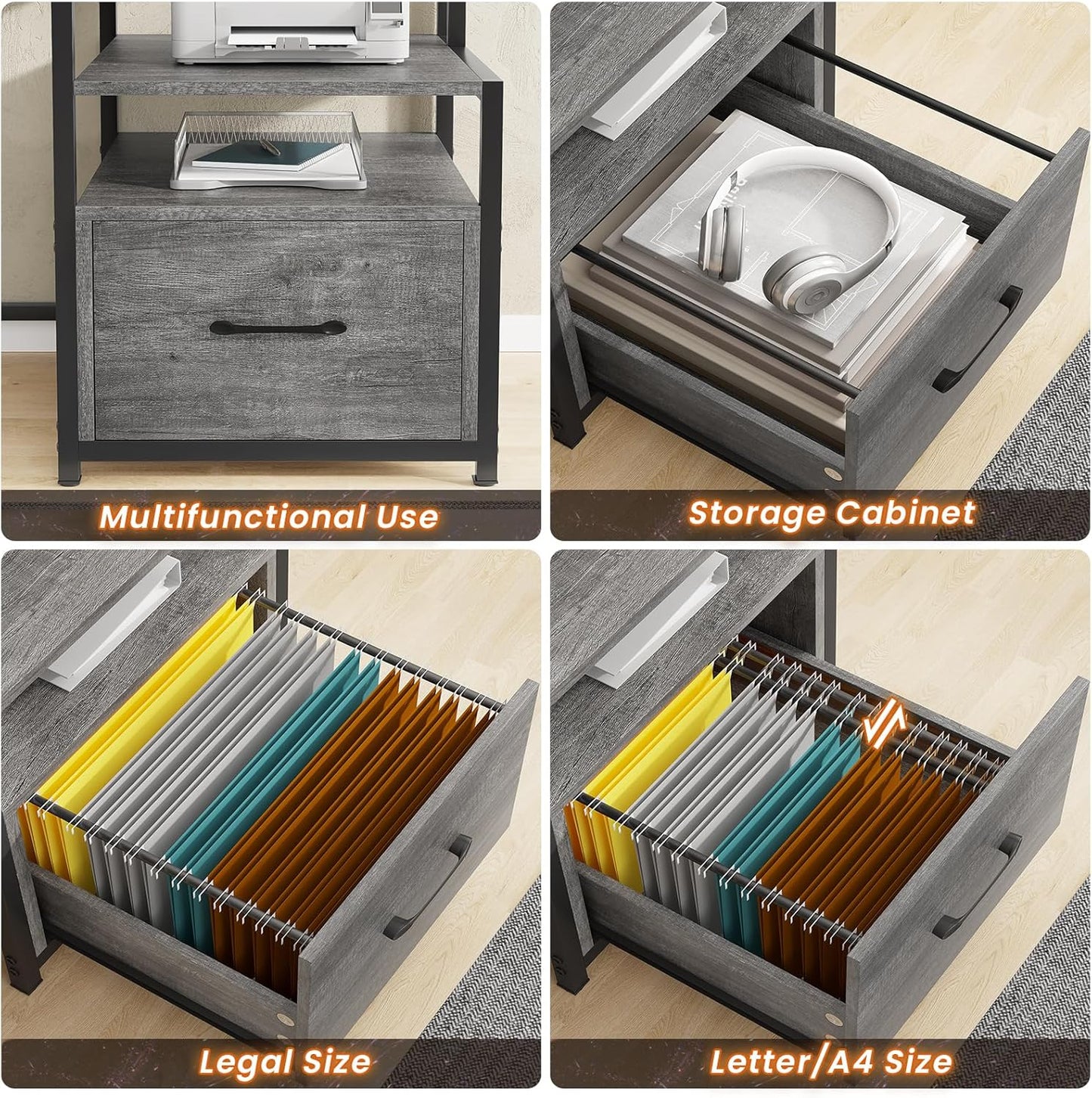 SEDETA Home Office Desk with File Drawer & Power Outlet, 66'' Computer Desk with 5 Drawer, Storage Shelves, Printer Cabinet and Monitor Shelf, Gaming Desk with Led Lights, Grey