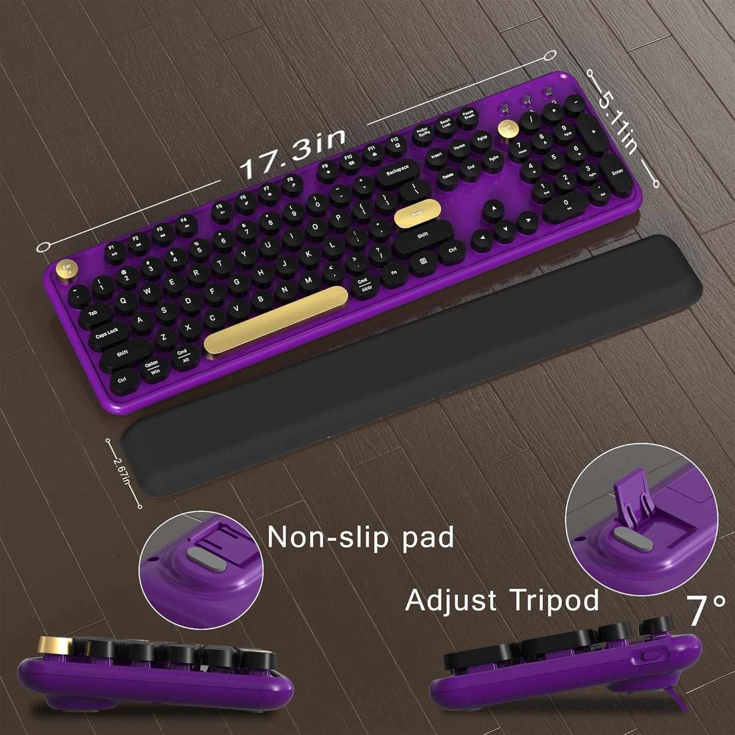 Colorful Wireless Computer Keyboard and Mouse Combo with Round Typewriter Keycaps, Retro Design, Power Switch, Ergonomic Design, 2.4GHz Wireless for Windows, Mac, PC(Black-Purple)