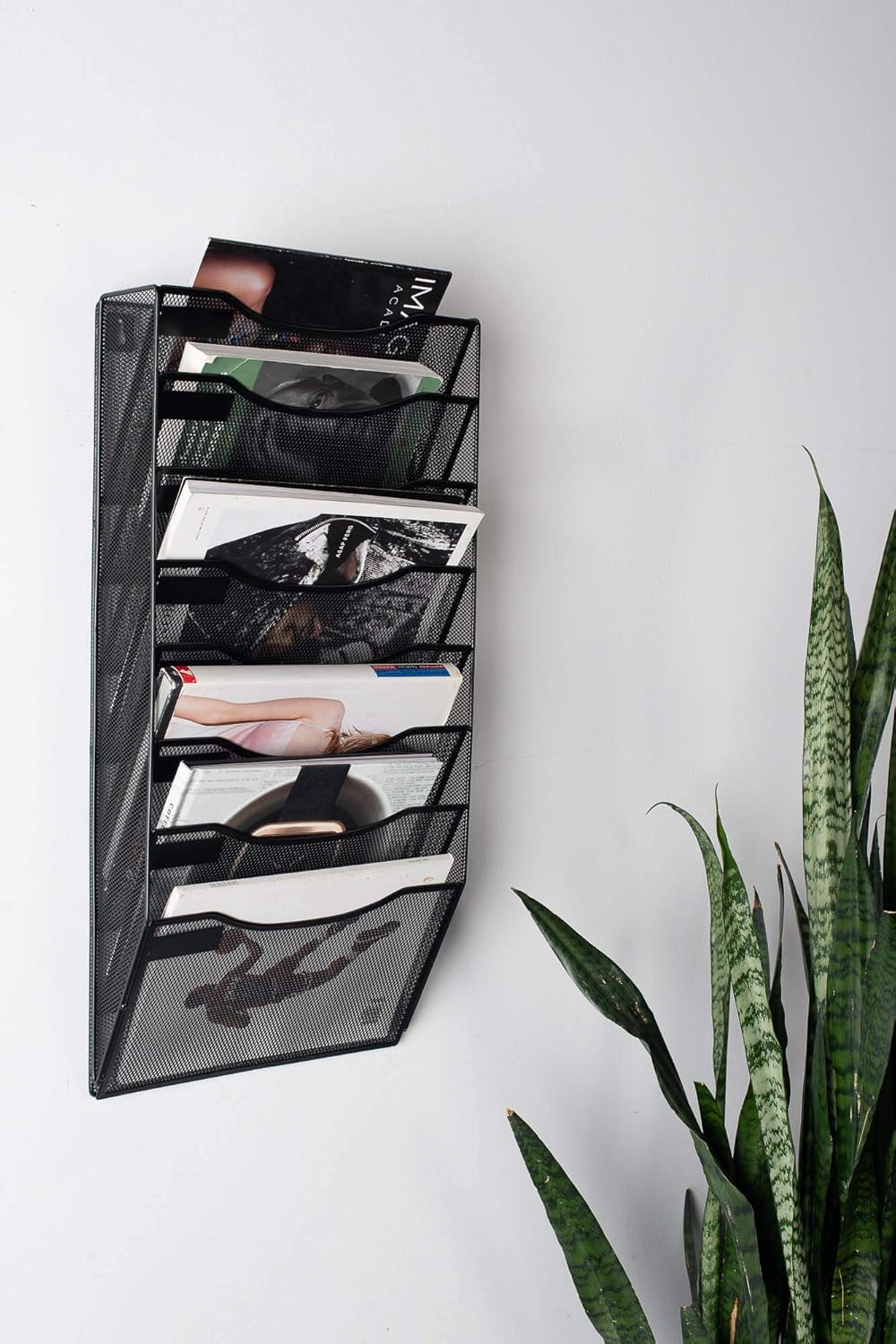 8 Section Hanging Files Wall Mounted Metal Mesh Document Organizer Magazine Holder Rack Multipurpose Use to Display Files, Magazines, Newspapers - Black