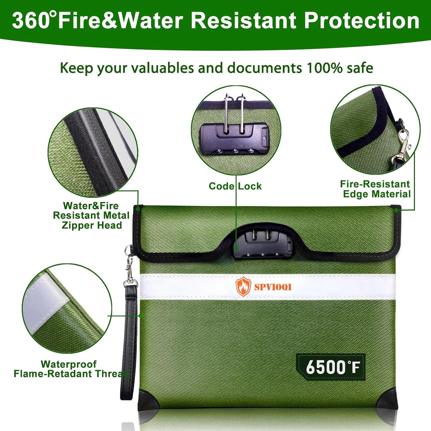 Upgraded 6500°F Fireproof Document Bag with Lock, Fireproof Money Bag for Cash w. Zipper/Reflective Strip, 10Layers of Heat Insulated Materials, Water Resistant Fireproof Bag for Documents, Fire Bag