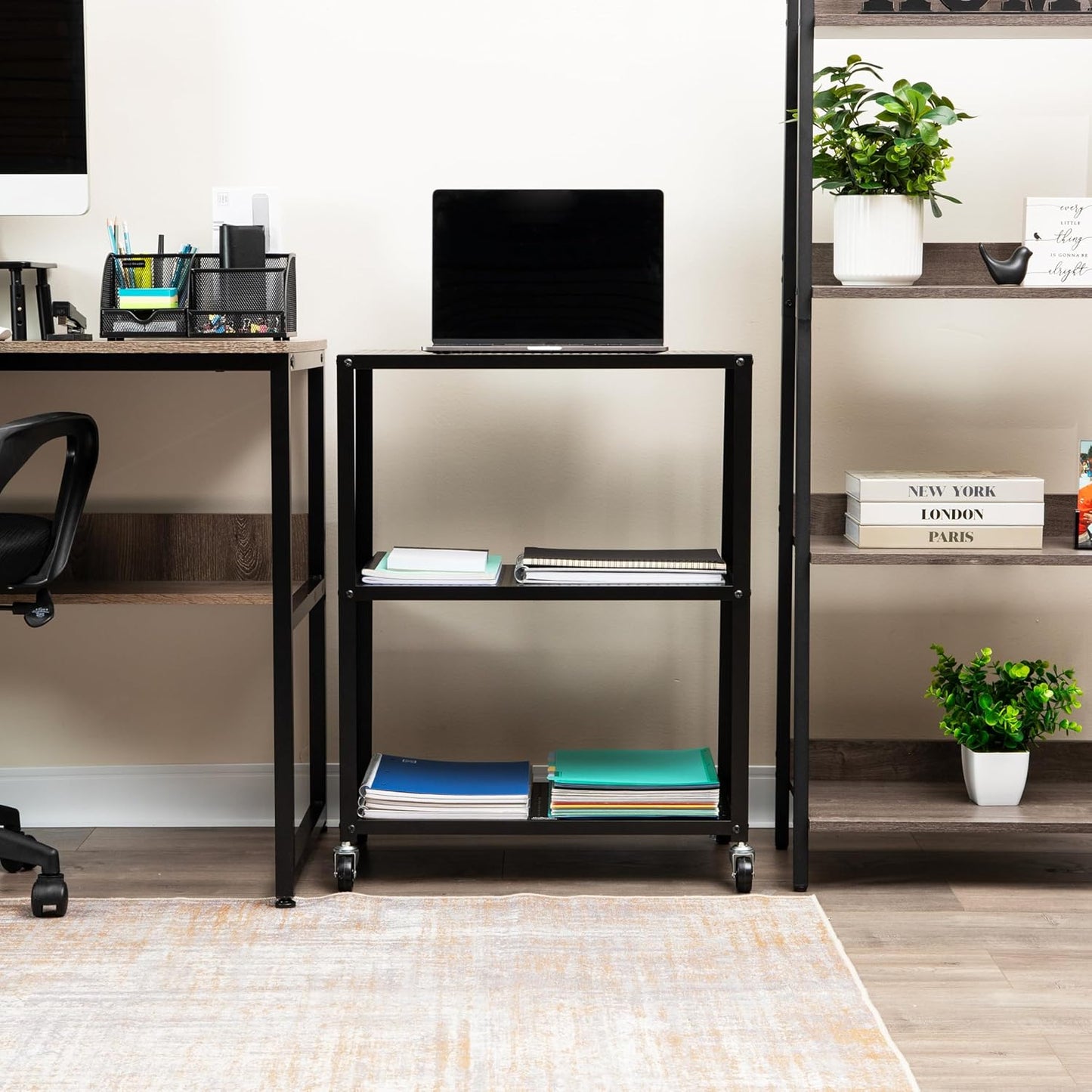 Mind Reader Rolling Cart, Rolling Cart, Microwave Stand, 3-Tier, Coffee Cart, Office, Metal, 23" L x 12" W x 30" H, Black