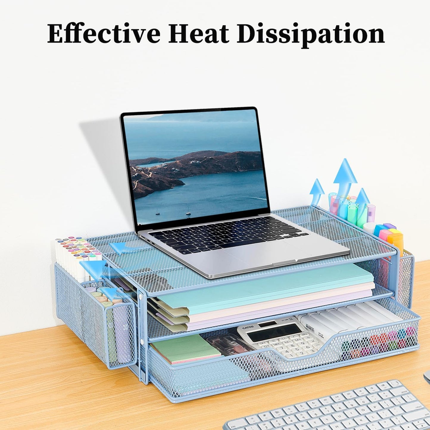 AUPSEN Computer Monitor Stands Riser,2-Tier Desk Organizers and Accessories, Office Desk Accessories Organizer with Drawers and 2 Pen Holder for Office Supplies (Blue)