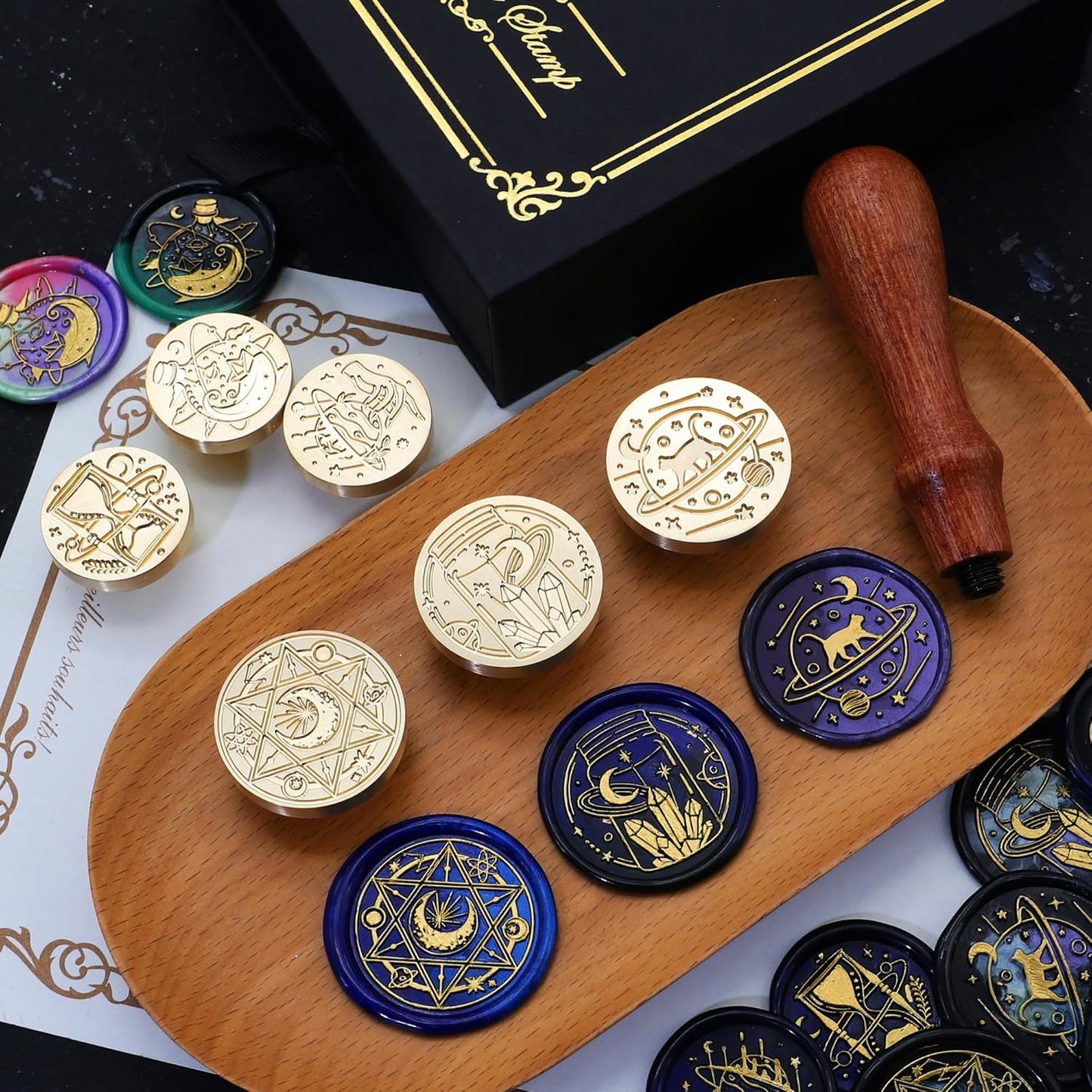 SWANGSA Magic Space Wax Seal Stamp Gift Box Set, Vintage 6 Sealing Stamp Heads + 1 Wooden Hilt, Wax Stamp Kit for Party Invitations, Envelops, Cards and Gift Packaging (Magic Space)