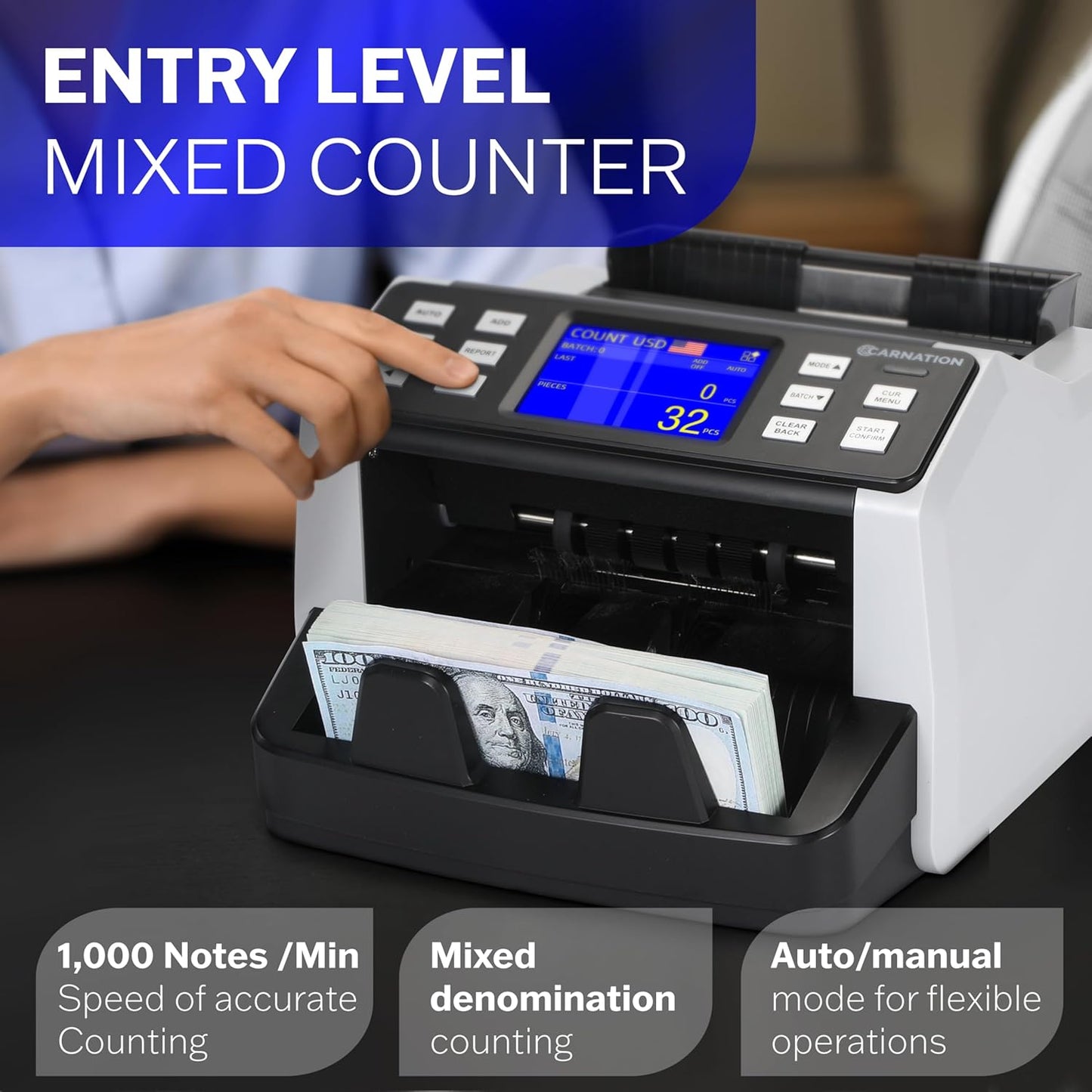 CN5 Money Counter Machine Mixed Denomination Value Counting UV/MG/IR/DD Counterfeit Detection, USD, EUR, MXN, GBP and CAD Business Money Counter