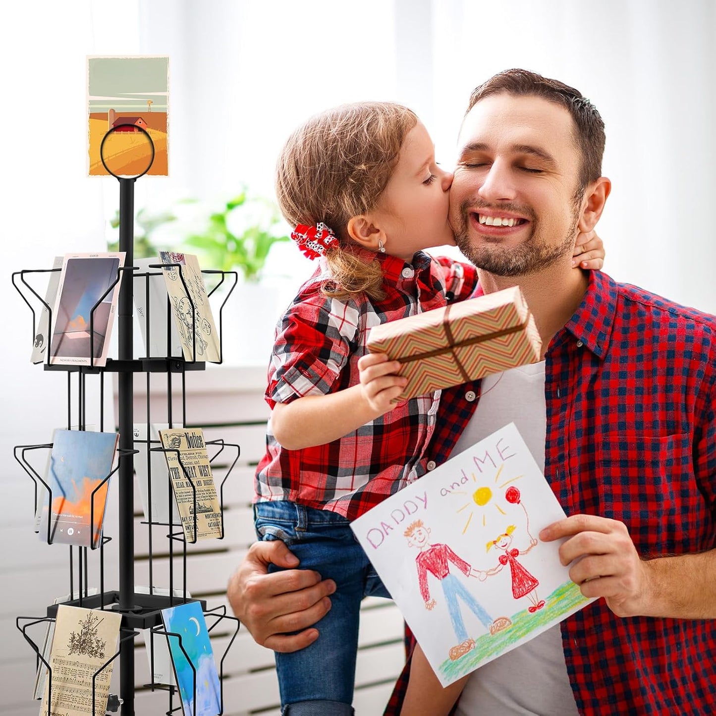 Nuanchu 12 Pockets Greeting Card Display Stand Countertop Rotating Greeting Card Rack with 200 Clear Resealable Bags 3 Tier Metal Display Stand Spinning Holder for Stickers Showcase Postcard(Black)