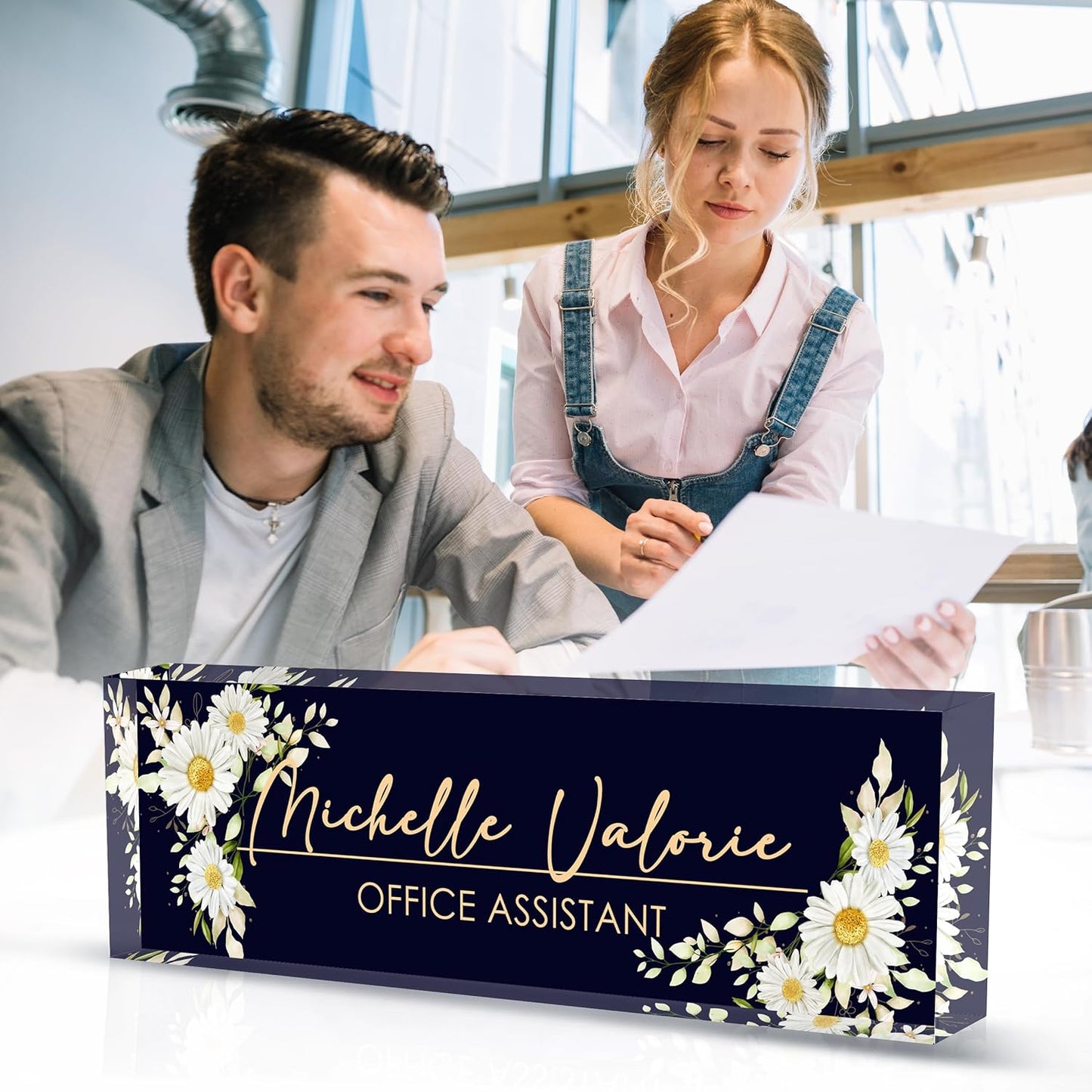 Office Desk Name Plate Personalized, Custom Name Plates for Desks, Name Plate Personalized for Office, Employee Appreciation Gifts (Daisy)