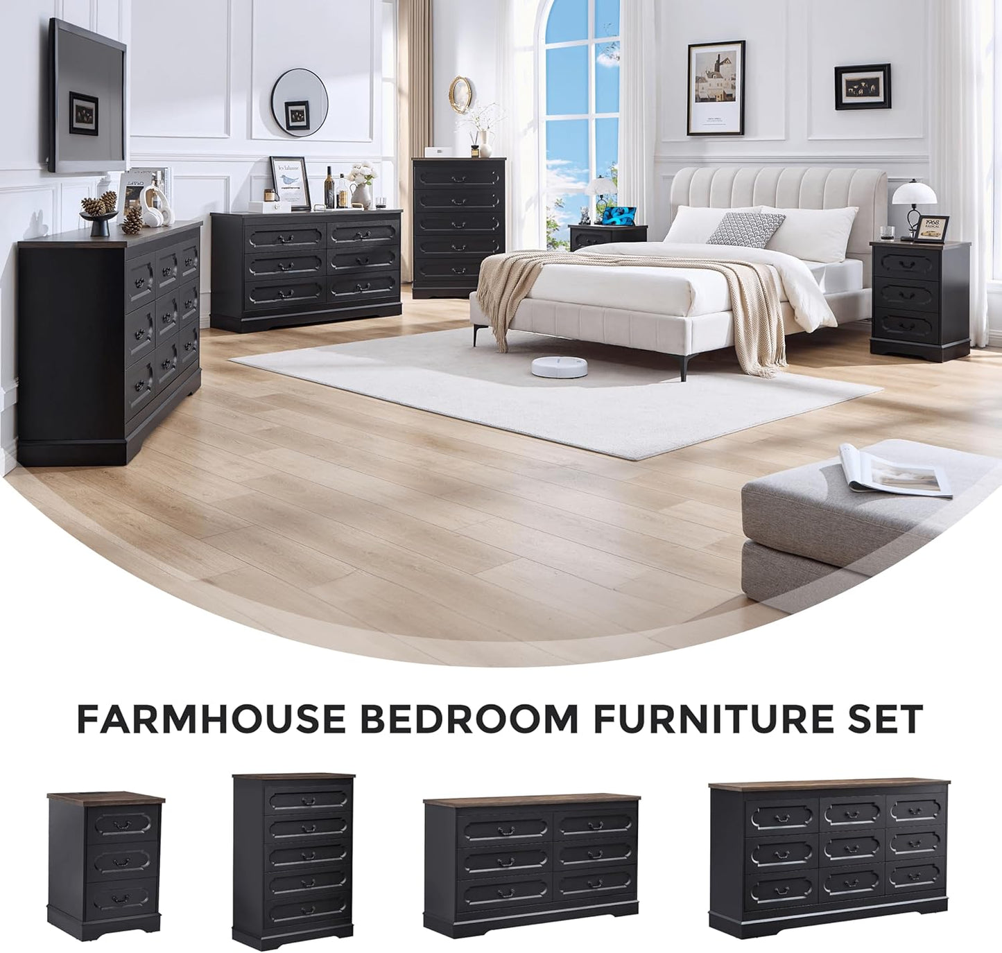 LIDYUK 6 Drawer Dresser for Bedroom Farmhouse Black Tall Wood Chest of Drawers for Bedroom Dresser, Modern Rustic 55" Wide Drawers Dressers Wooden Closet and Storage Cabinet, Hallway, Living Room