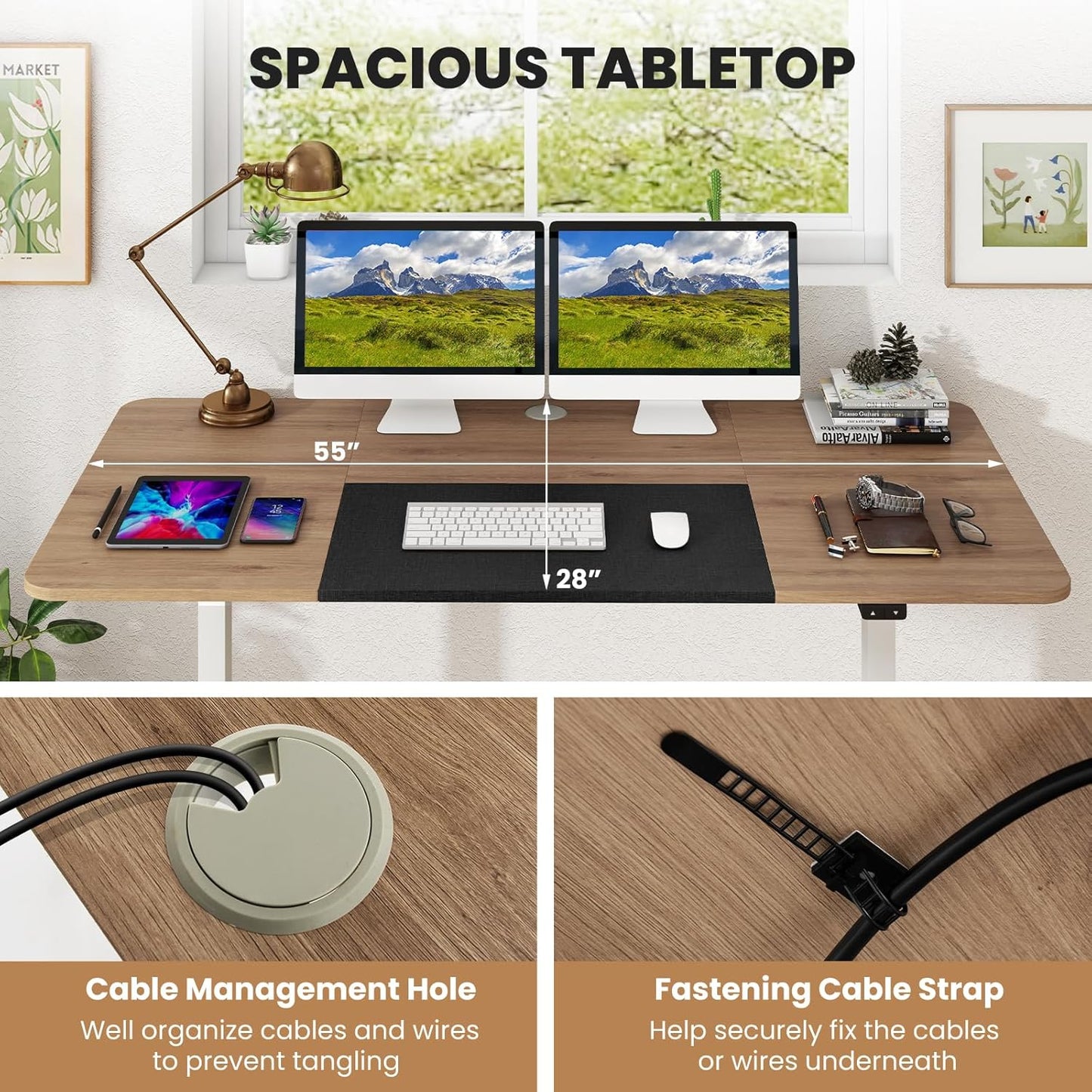 GOFLAME Height Adjustable Electric Standing Desk, 55 x 28 Inch Sit Stand Up Electric Desk with Headphone Hook, Ergonomic Standing Workstation, Electric Standing Desk with Metal Frame, Natural