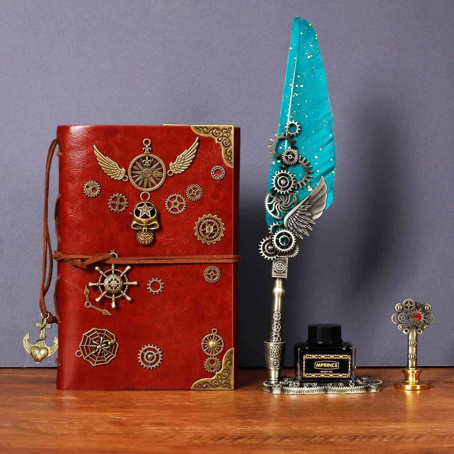 Aifeiter Quill Pen Ink Set Leather Notebook With Quill Pen,Notebook, 5 Replaceable Nibs,Seal Stamp,Spoon,Wax Beads,White Wax, Ink,Pen Holder,Cup,Envelope,Letter Paper,Envelope Tool(green)