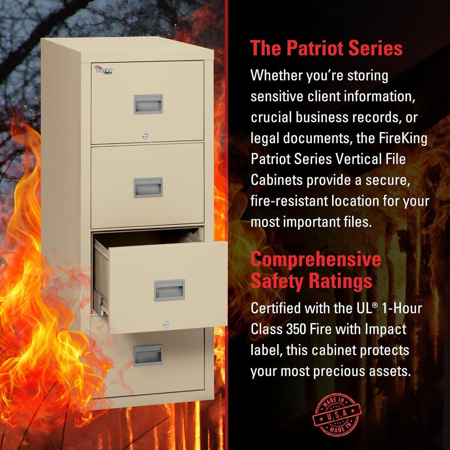 FireKing Patriot Vertical 4 Drawer Legal & Letter Fire Safe File Cabinet, Key Lock, 1 Hour Fire Rated UL Rated & Water Resistant, USA Made, Parchment
