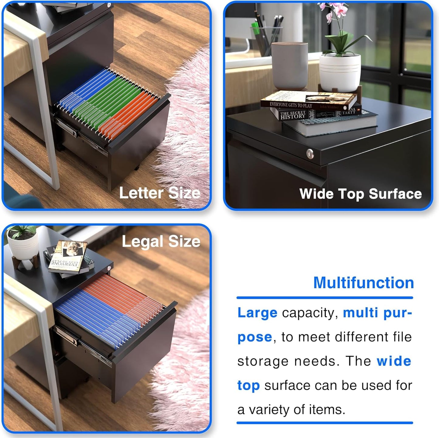 Aobabo 2 Drawer File Cabinet, Lockable Metal Filing Cabinet with Wheels for Home Office, Legal/Letter Size, Fully Assembled Except Wheels, Black