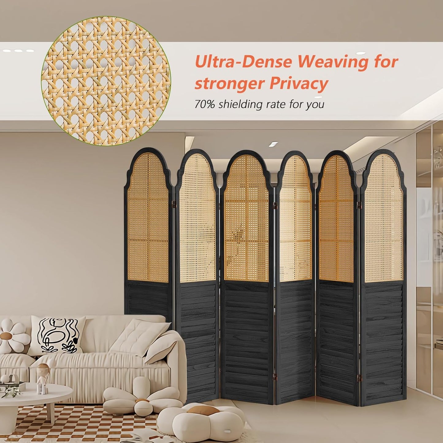 6 Panel Rattan Folding Screen Room Divider, Privacy Dividers for Rooms, Louvered Partition Dividers, Room Divider Panel for Bedroom, Dressing Room, Balcony, Black
