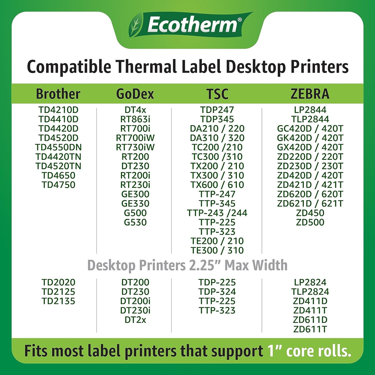 2.25" x .5" Thermal Labels | 6 Rolls | 25200 Labels | fits Zebra, Munbyn, Rollo, Godex, Arkscan, iDPRT, Offnova Thermal Label Printers and More | Blank White Adhesive Stickers by Ecotherm