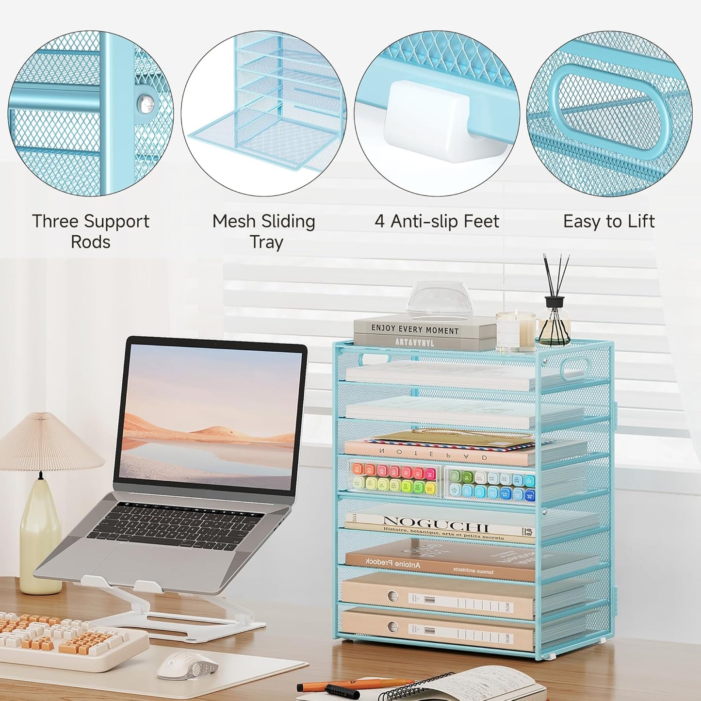 Subekyu 9 Tier Paper Letter File Tray Organizer for Desk, Large Mesh Desk Folder Sorter Organizer with Handle, Include 6 Pcs Adjustable Height Slid Tray for Office Home School Supplies Storage, Blue