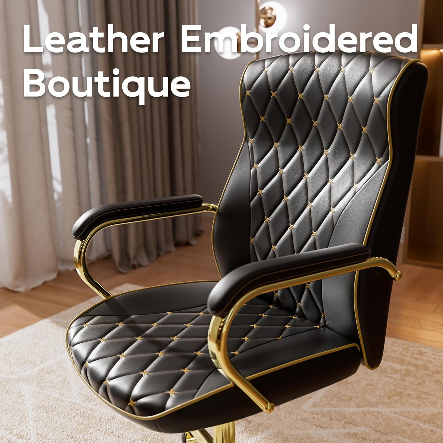 Black and Gold Office Chair with Soft Leather Embroidery, Mid Back Vintage Swivel Executive Desk Chair with Wheels and Padded Arms, Adjustable Height