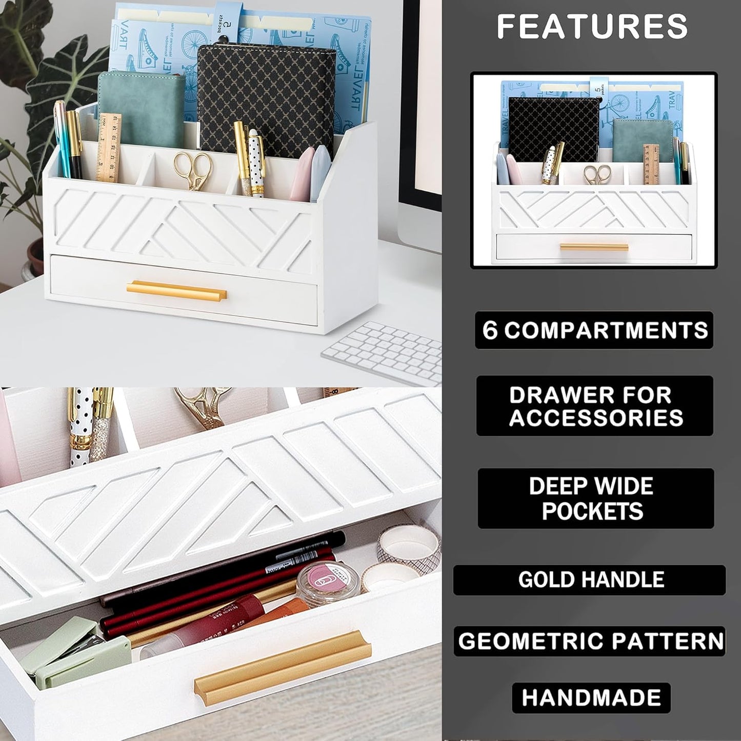 white Wood Desk Organizer and Accessories with Drawer, Bill Mail Organizer and File Mail Holder for Office Supplies, Modern Desk Accessories & Workspace Organizers for Desk Organization