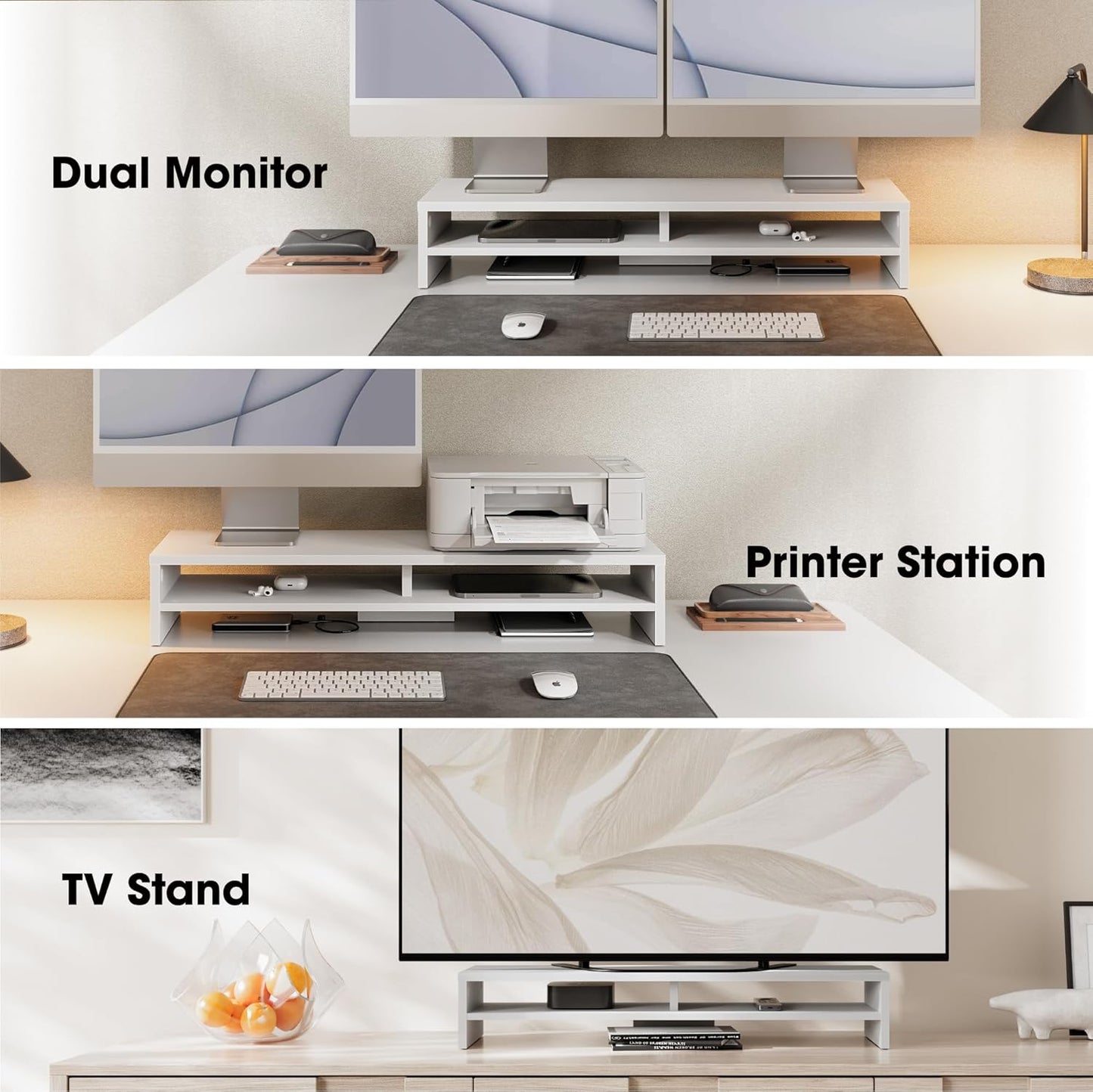 Fenge Monitor Stand, 31.5 Inch Computer Monitor Riser for Desk, 2 Tiers Wood Desk Shelf with Storage, Desktop Organizer for PC, Laptop, Screen, Printer