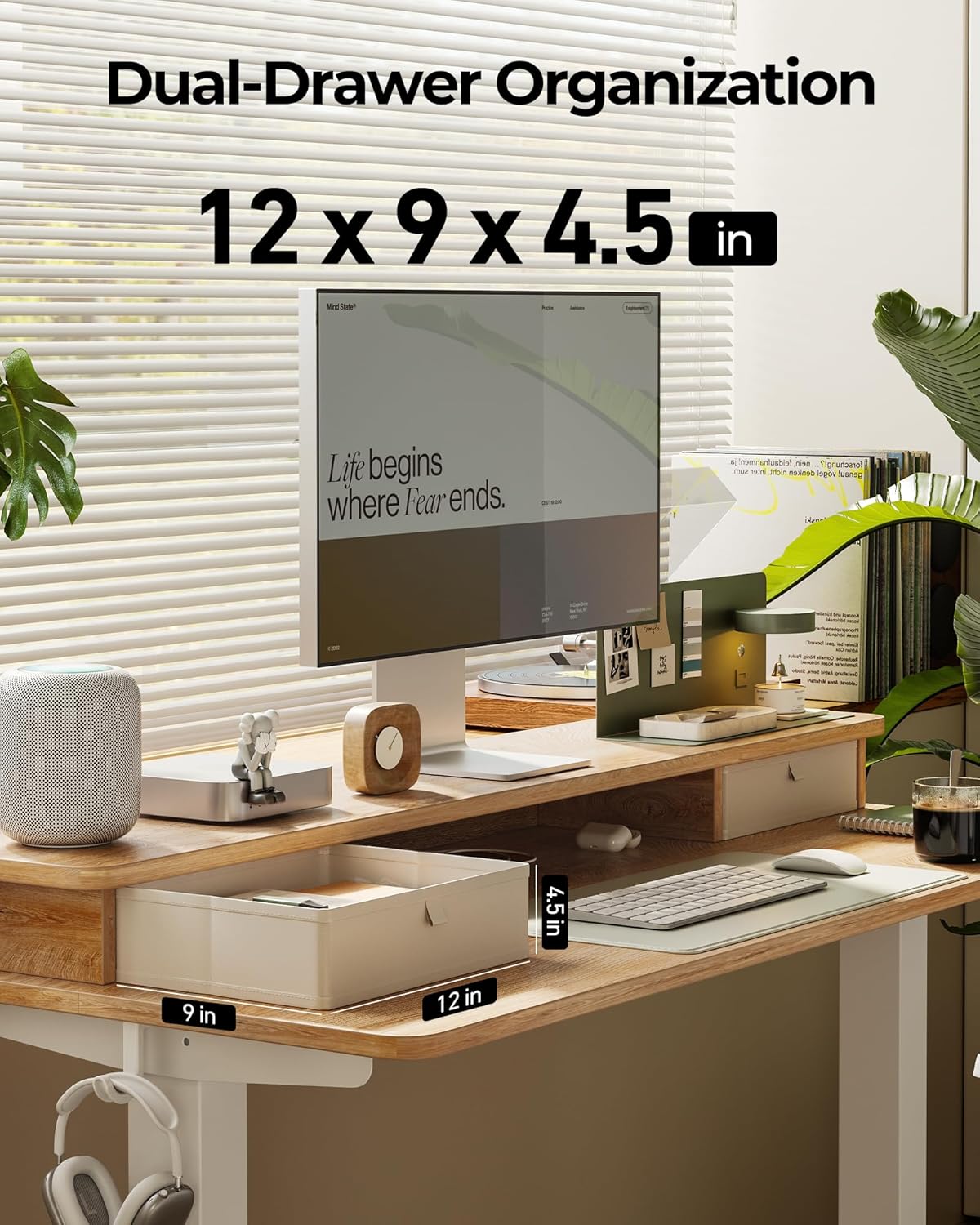 FEZIBO 60 x 24 Inch Height Adjustable Electric Standing Desk with Double Drawer, Computer Desk, Home Office Stand Up Table with 4 Height-Adjustable Feets & 2 Hooks, Maple