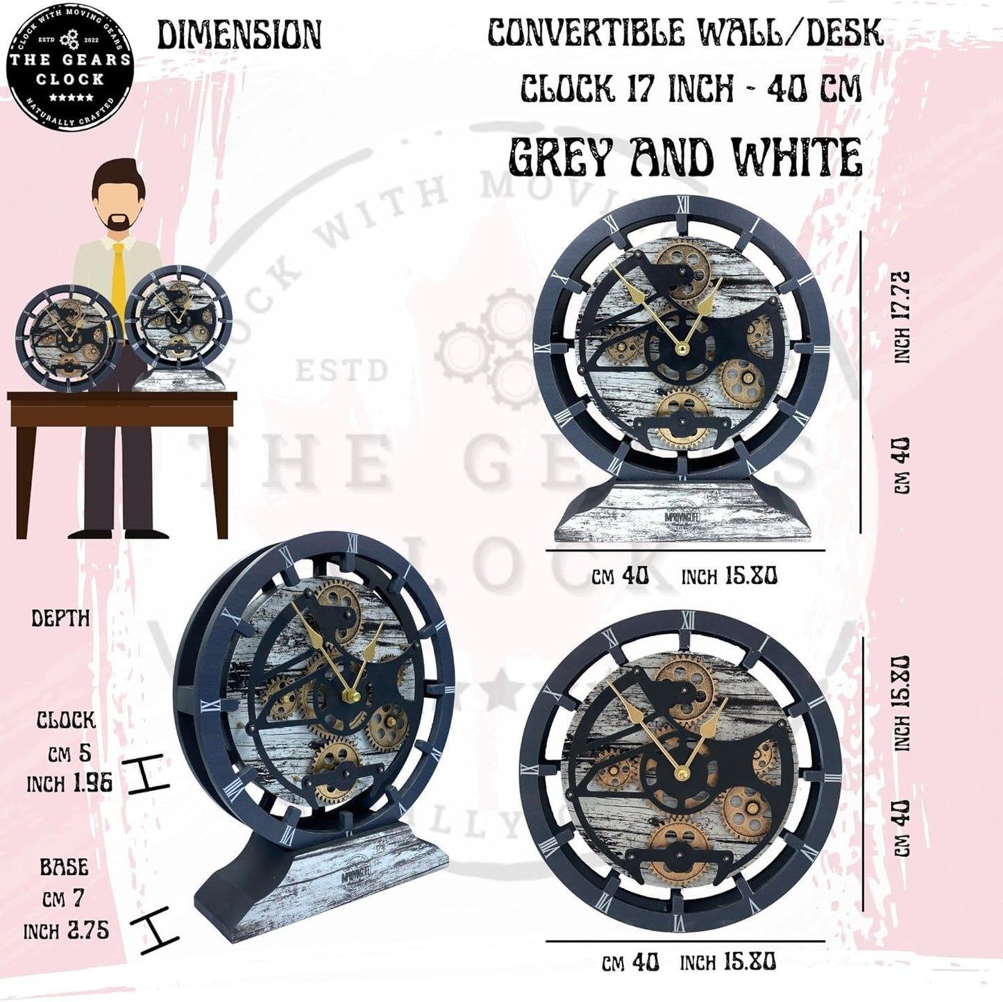The Gears Clock 16 inches Wall Clock with Real Moving Gears Convertible into a Big Mantel Clock (Grey & White)