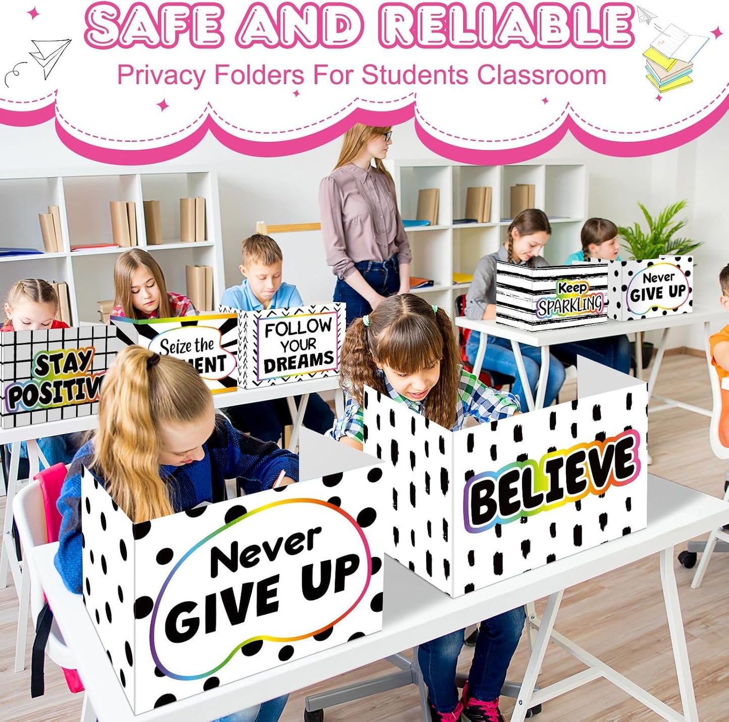 Honoson 24 Pcs Bulk Inspirational Privacy Folders for Students Cardboard Test Privacy Boards Motivational Words Desk Dividers Shield for Classroom School Study Supplies, 6 Styles(Polka Dot)