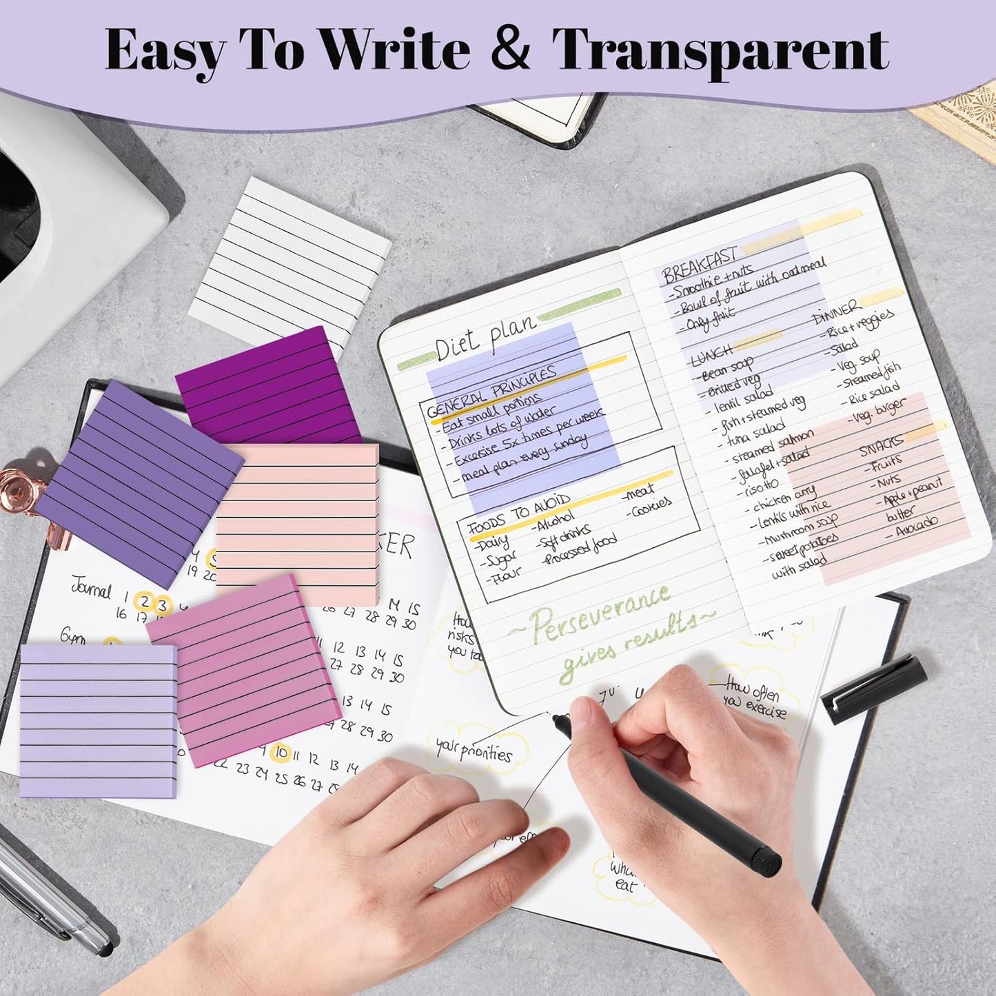 3x3 Inch Transparent Sticky Notes 300 Sheets, Clear Translucent Lined Self-Adhesive Memo Repositionable Reminder Pad for Office, College Students, Planners, Journals, School Supplies (Purple)