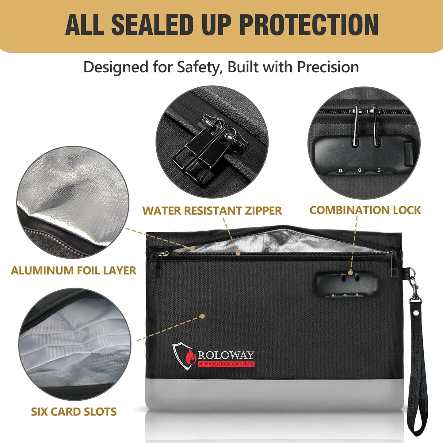 ROLOWAY Fireproof Money Bag with Lock for Cash, 6400°F Fire Proof Document Bag (12.2 x 8.5 x 1.6 inches), Money Pouch with Zipper (Black)