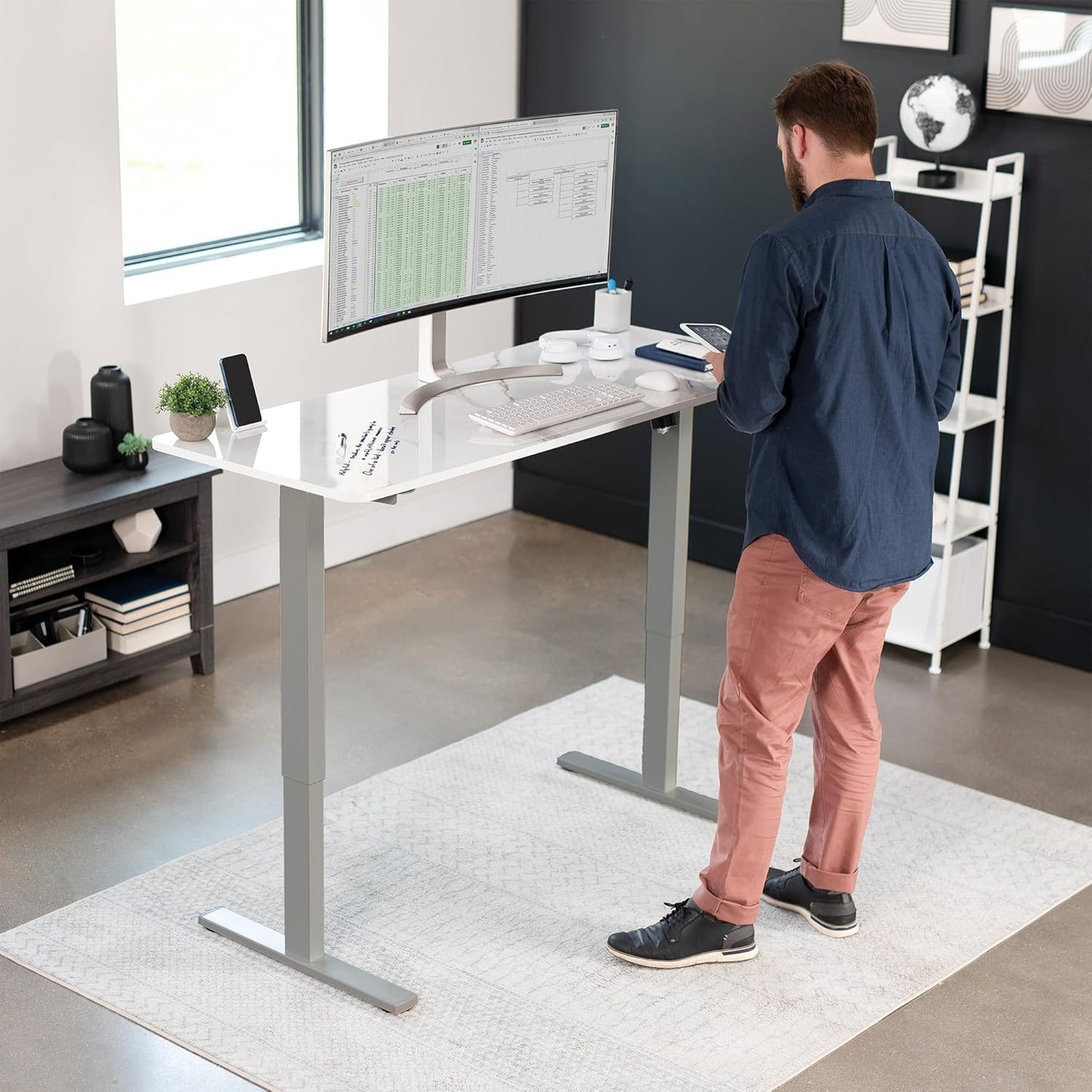 VIVO Electric Dry Erase 60 x 24 in Standing Desk, Memory Height Adjustment, 1B Series, White Marble Pattern Top, Gray Frame, DESK-KIT-1G6WM