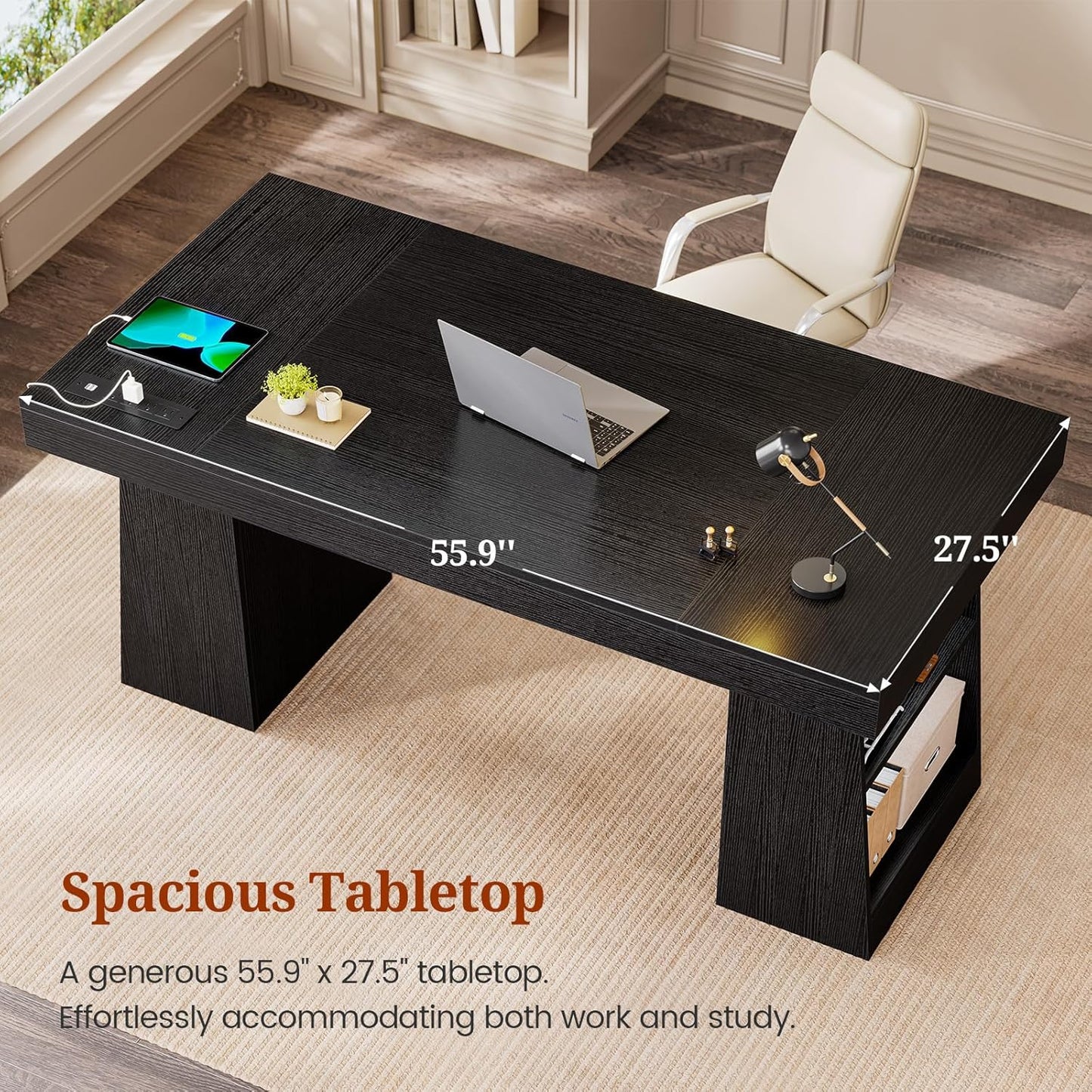 55.9 in Executive Desk with Power Outlets, Modern Home Office Desk with Storage Shelves, Wood Computer Desk Business Workstation Desk Conference Table, Black (Storage Shelves)