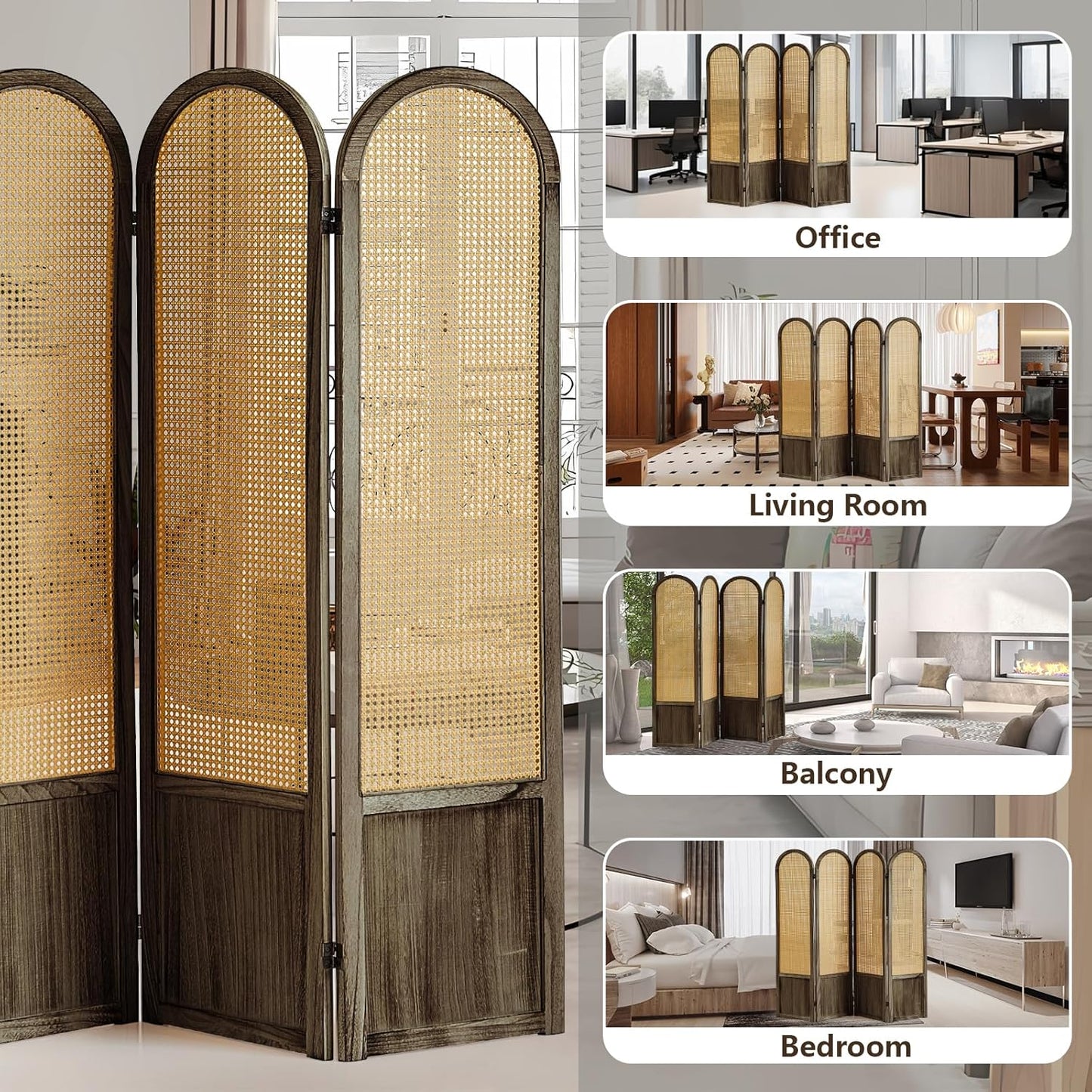 4 Panel Rattan Room Divier, Room Divider Panel and Folding Privacy Screens, Room Divider Wall, Solid Wood Frame, Partition Room Dividers, Bedroom, Dining Room, Lounge, Dark Brown