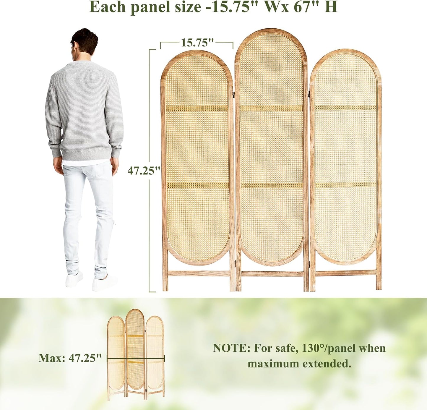 Room Divider Panel, 3 Panel Roomdivider Wall, Wood Room Dividers and Folding Privacy Screens, Rattan Partition Room Dividers, Privacy Dividers for Rooms, Bedroom, Dining Room, Light Brown