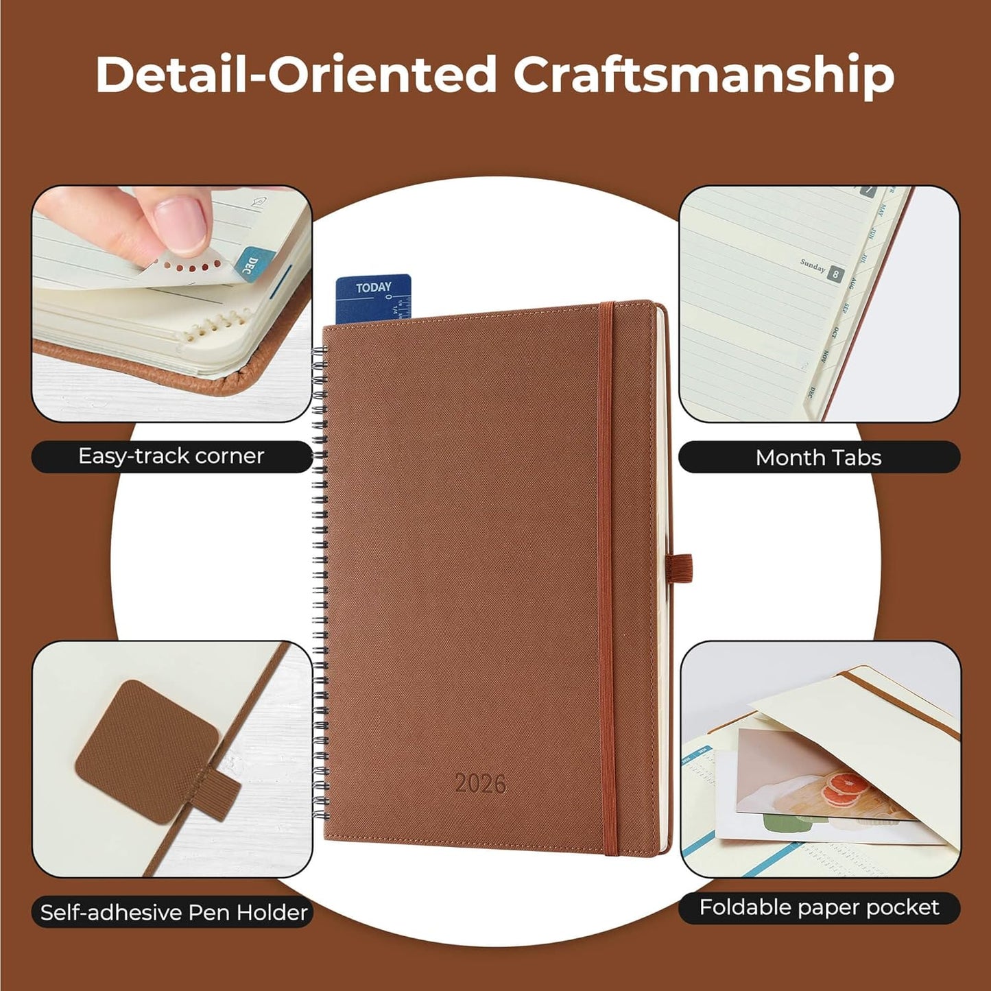 Planner 2026 Daily Weekly and Monthly,11.5"x8.5",12 Months Spiral Bound Calendar Agenda with Self-adhesive Pen Holder,2026 Appointment Book with Vegan Leather Soft Cover,Brown