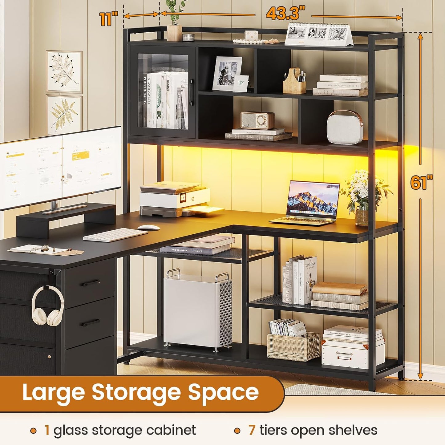 SEDETA L Shaped Computer Desk, 58'' Office Desk with 3 Drawers and Bookshelf, L Shaped Corner Desk with Storage Shelves and LED Light for Home Office, Gaming Desk, L Desk, Black