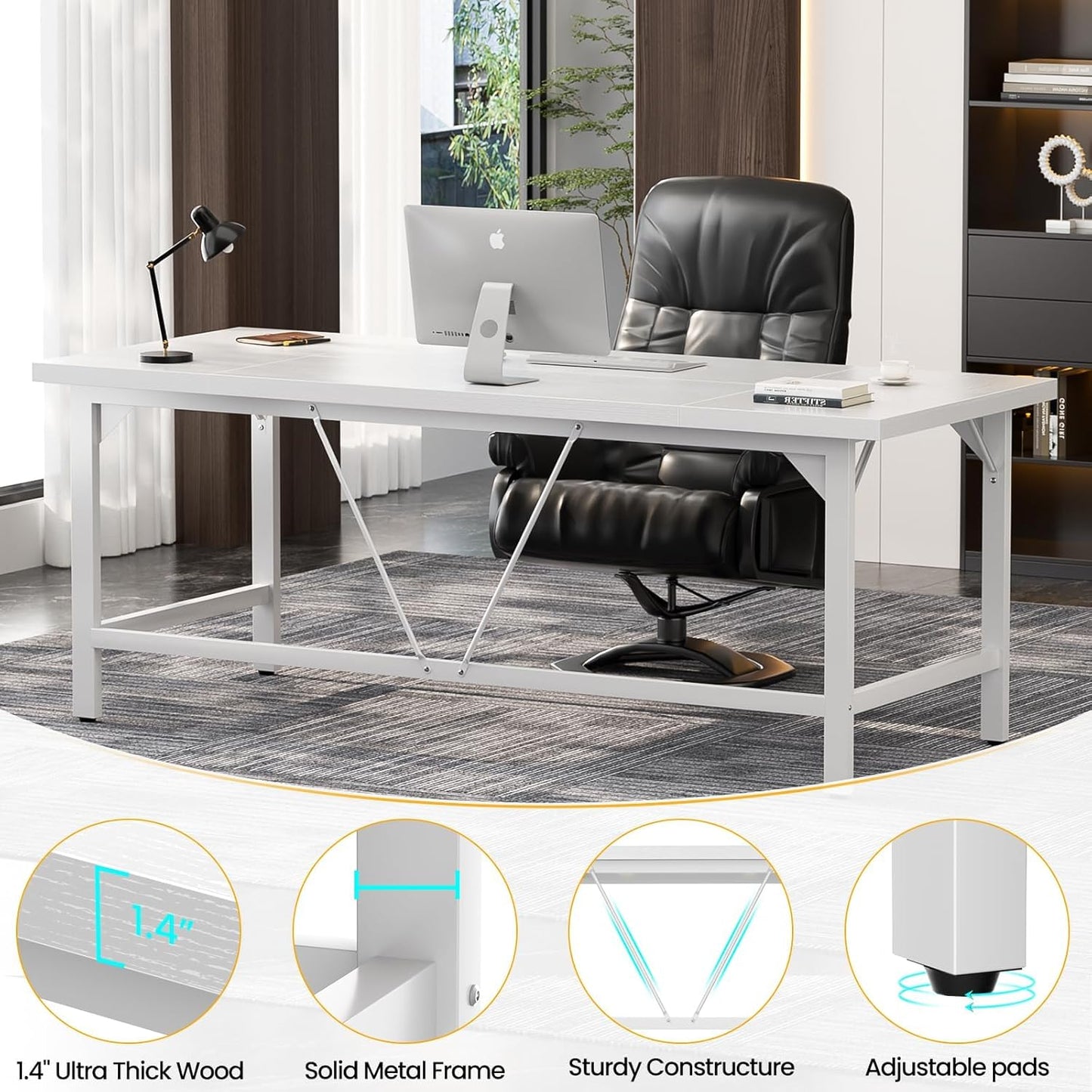 Unikito Large Office Desk, 70.8 x 31.5 Inch Extra Long Executive Computer Desk, Heavy Duty 2 Person Desk, Premium Super Thick Study Writing Table Computer Tables for Home Office Workstations, White