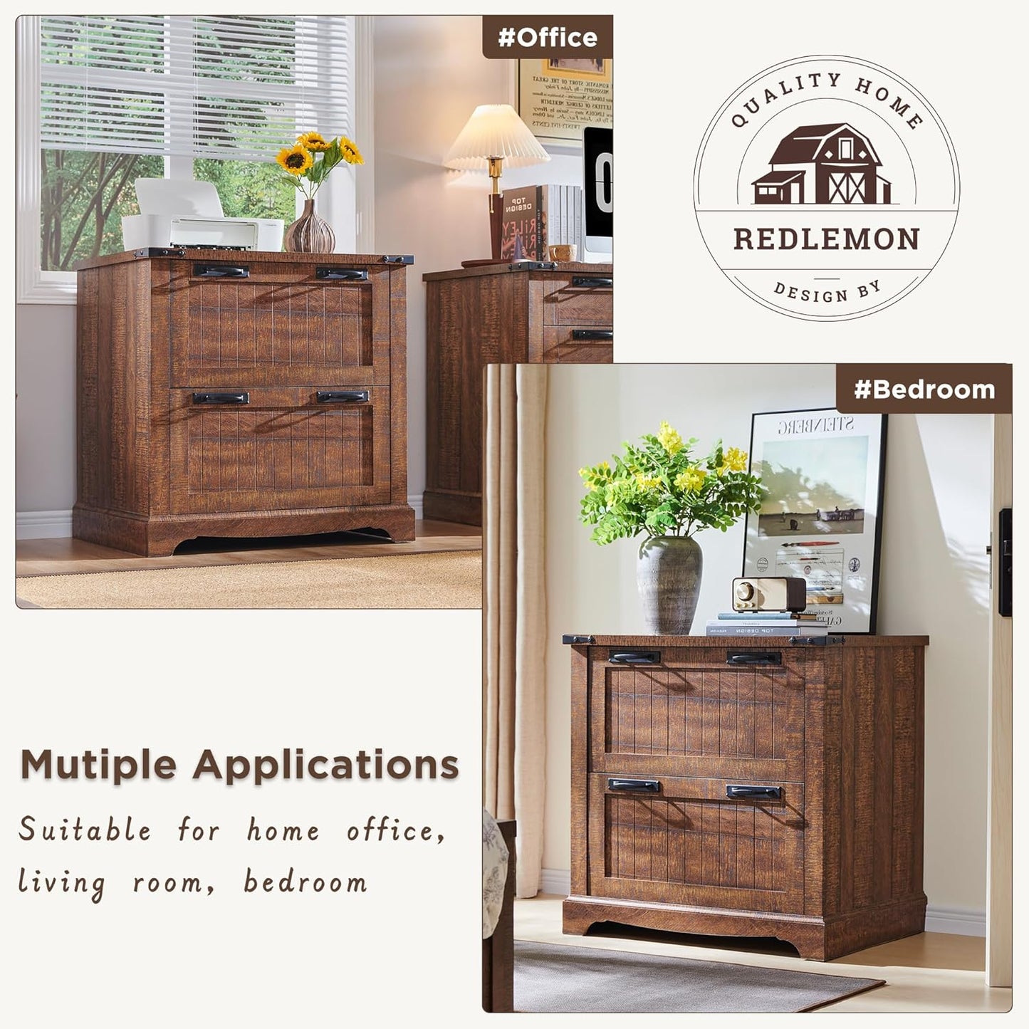 RedLemon File Cabinet with 2 Drawers, Farmhouse 30" Filing Cabinets with Hanging File Folders for A4/Letter/Legal Size Documents,Office Storage Cabinet for Living Room(Reclaimed Barnwood Color)