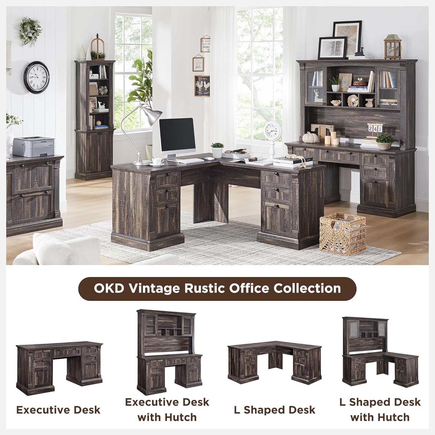 OKD 60" Executive Desk with Hutch and Drawers, Farmhouse Home Office Desk with Charging Station, Keyboard Tray, File Cabinet Storage, Wood Computer Desk for Work and Study, Dark Rustic Oak