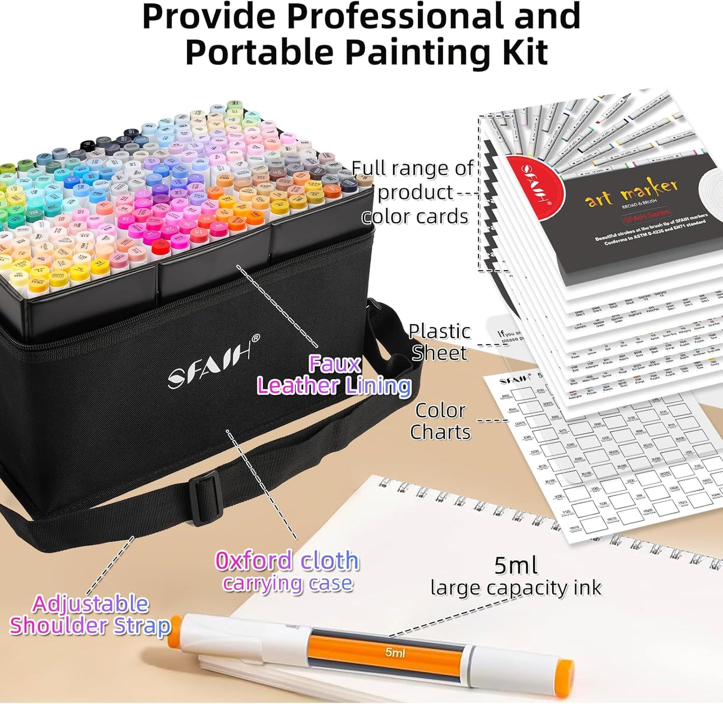 SFAIH Alcohol Markers Brush & Fine - 217 Colors Double Tipped Art Markers for Adult Coloring Illustration, Gifts for Artist Adult - Adjustable Shoulder Strap & Faux Leather Lining & Outer Zip Pocket