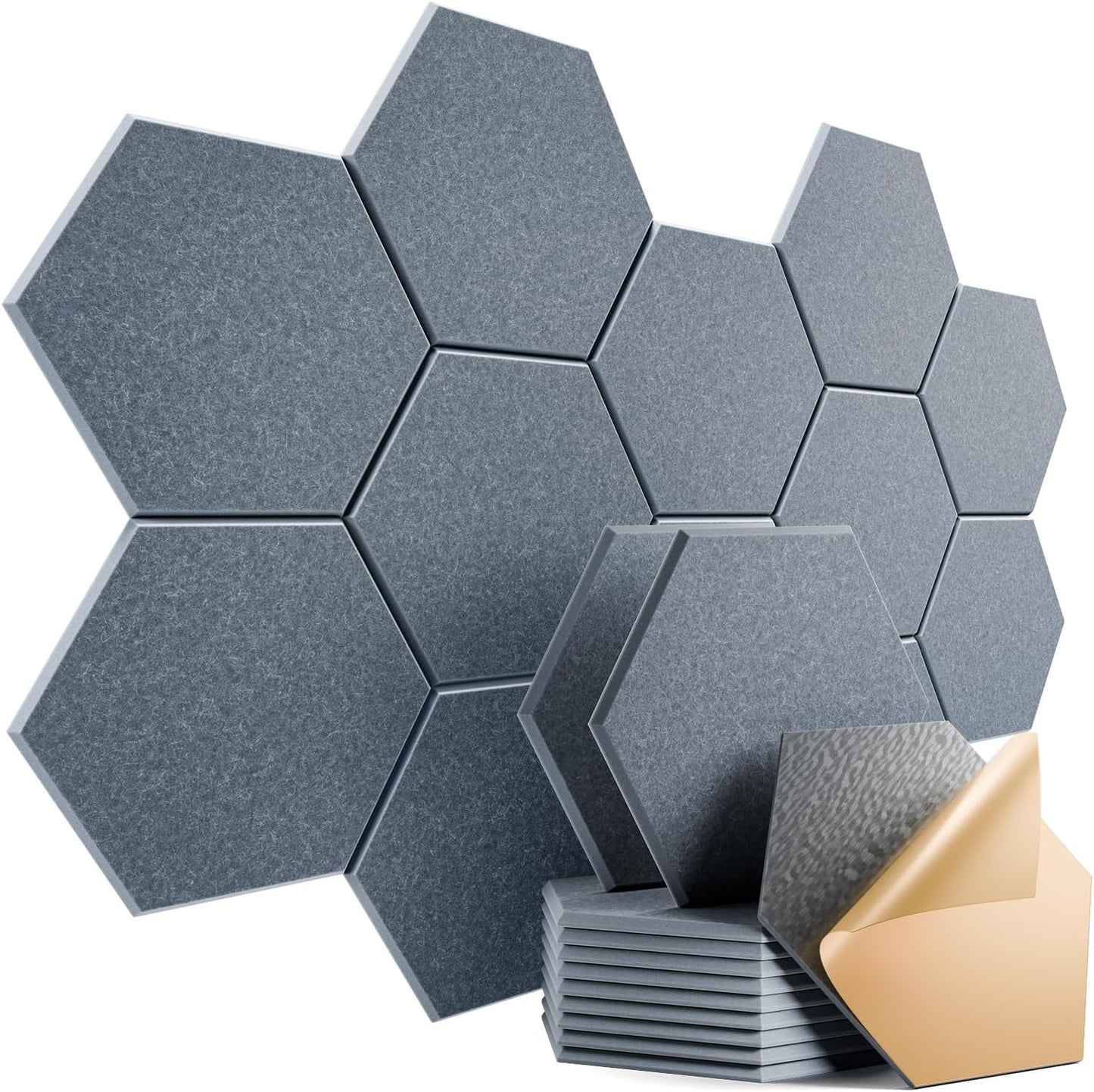 12 Pack Self-Adhesive Acoustic Panels 12" X 10" X 0.4" - Sound Proof Foam Wall Panels with High Density, Hexagonal Design, Flame Resistant, Absorb Noise and Eliminate Echoes(Gray)