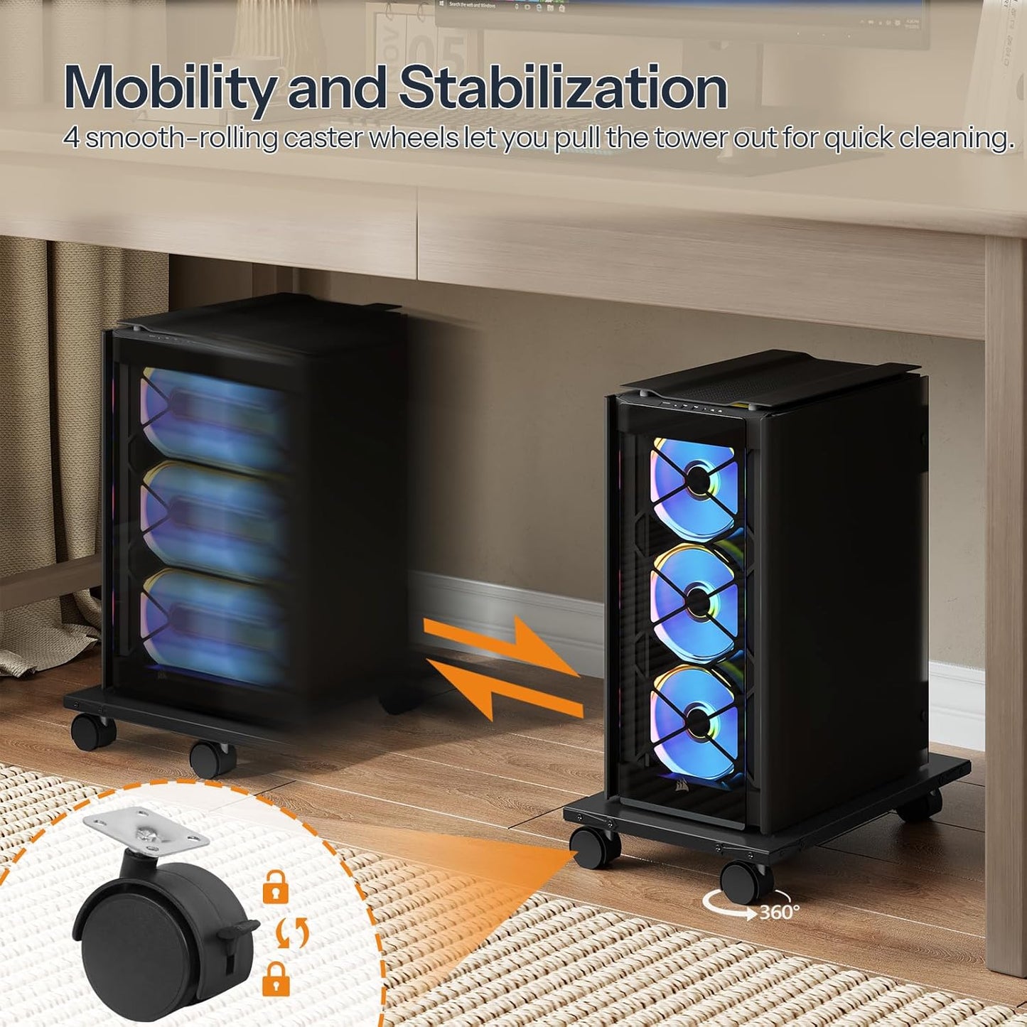 HOOBRO Mobile PC Stand, Ventilated Computer Tower Stand, PC Tower Holder with 4 Caster Wheels, CPU Holder Under Desk Fits Most Computer Host, for Office, Gamers, Black BB46CJ01