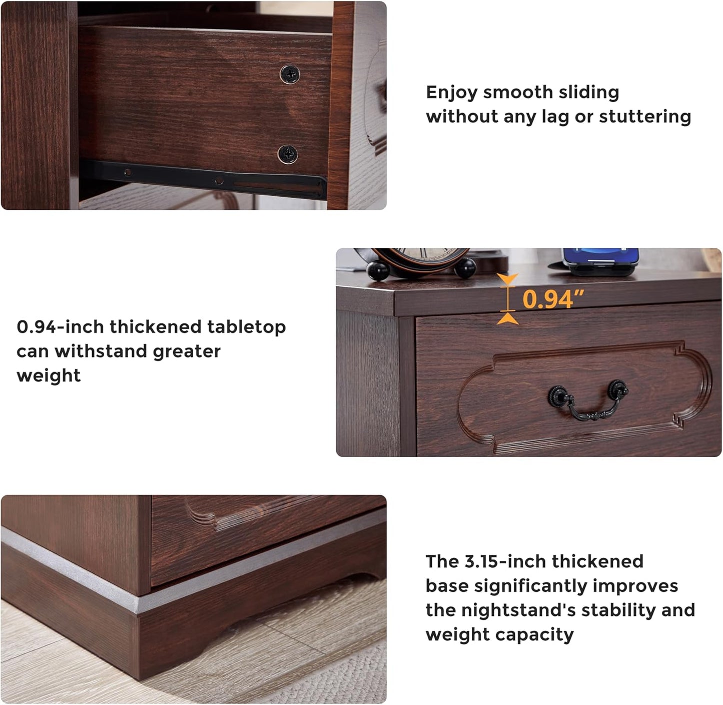 LIDYUK 3 Drawer Dresser for Bedroom Farmhouse Cherry Wood Chest of Drawers Bedroom Dresser with Charging Station, Rustic Small Drawers Dressers Nightstand Wooden Closet Storage Cabinet, Living Room