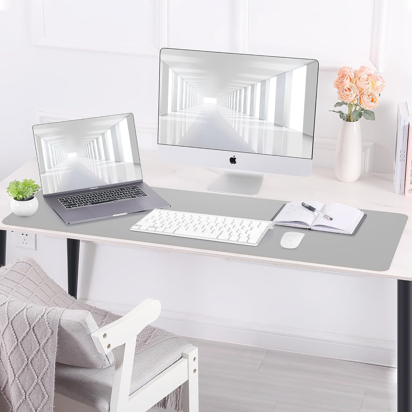 Desk Mat,35.4" x 17" Leather Desk mat,Double-Sided Desk Pad,Desk matt for Desktop,Large Mouse Pad,Office Desk mat,Waterproof Desk Blotter pad for Office&Home(Light Grey+Cork)