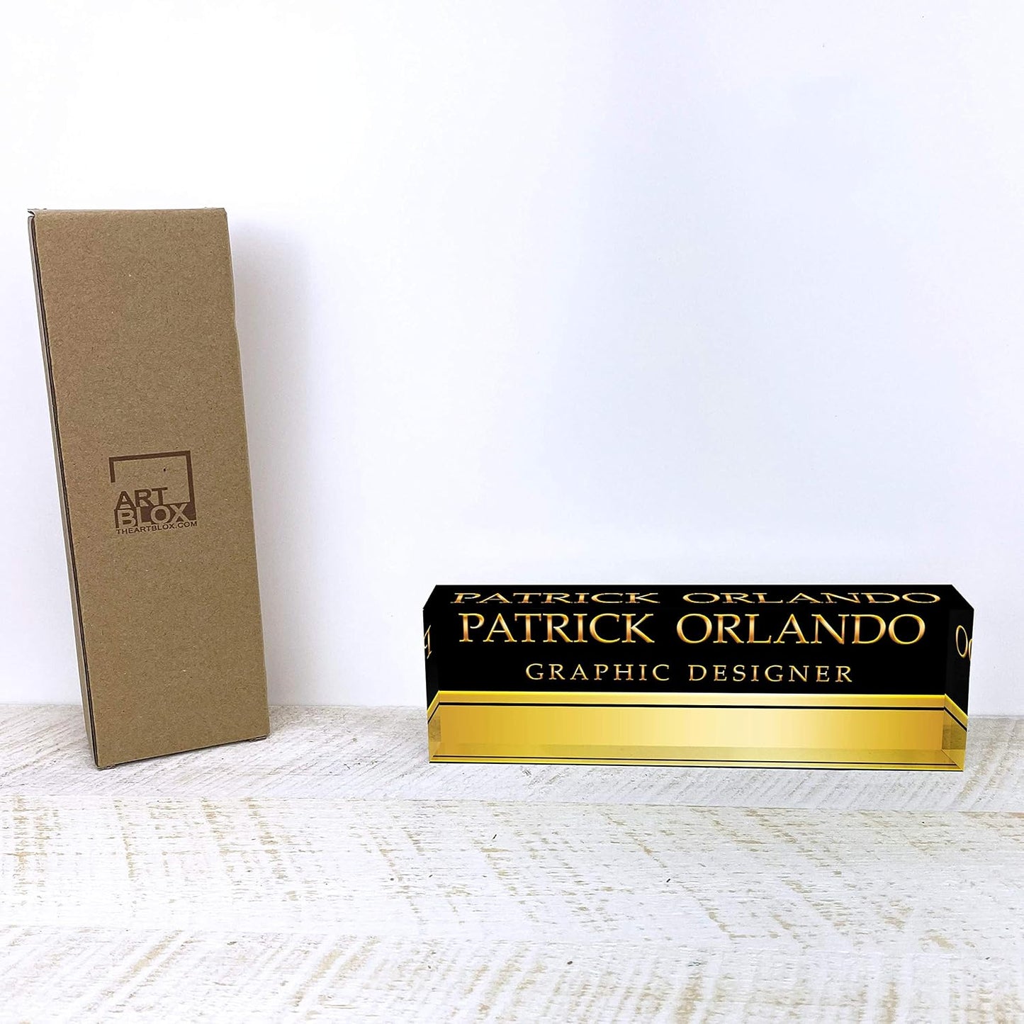 Artblox Office Name Plate Personalized | Custom Name Plates for Desks on Acrylic Glass Decor | Office Desk Decor Nameplate | Accessories | Black Gold Stripe - (8"x2.5")