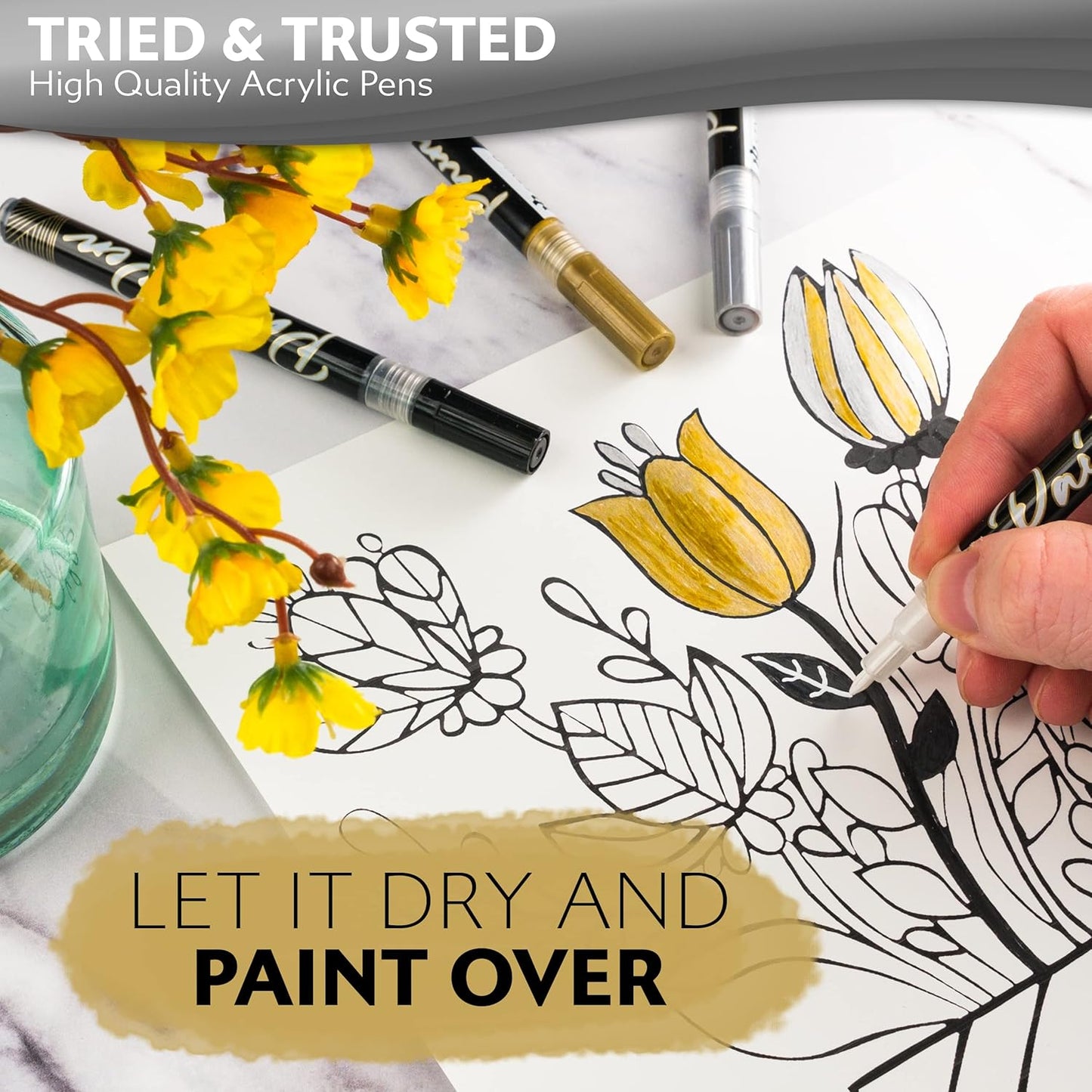 Stylo 4 Count Acrylic Metallic Pens - Gold Paint Pens - Fine Tip Permanent Acrylic Metallic Paint Markers for Rock Painting, Glass, Wood, Ideal for Arts and Crafts (Pack of 4, Gold)